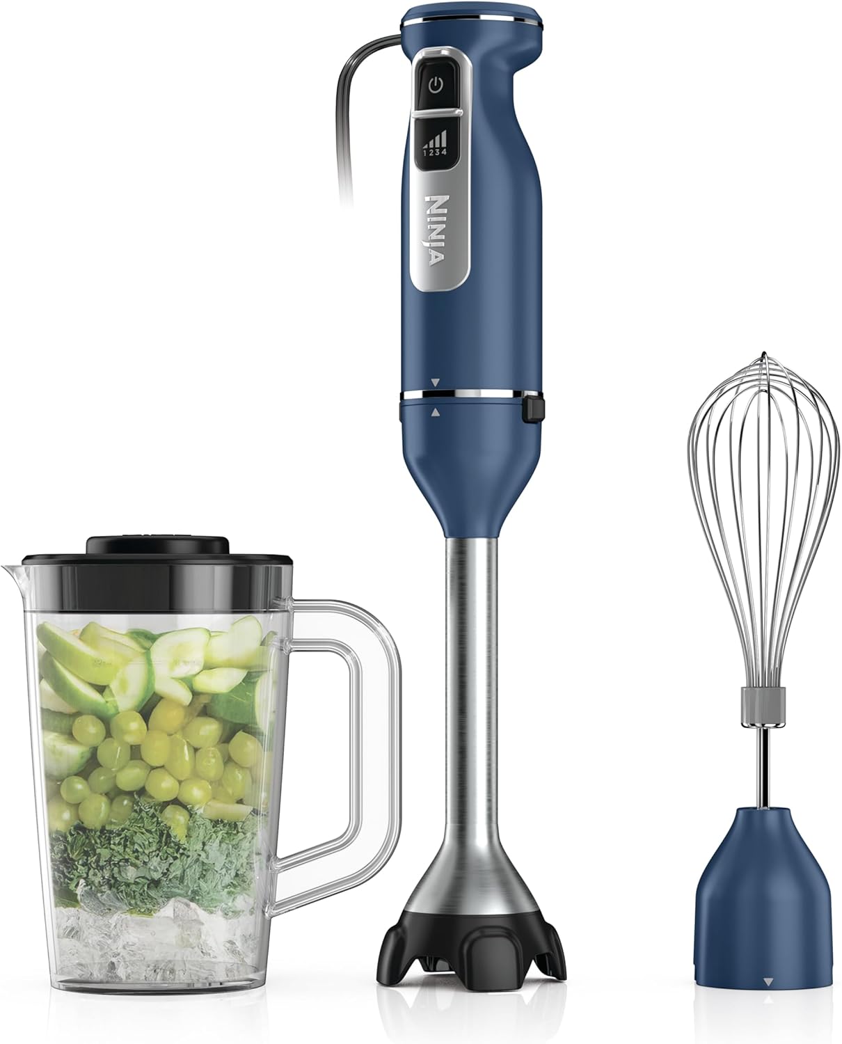 Ninja Immersion Blender and Whisk, Hand Stick Blender, 4 Speeds, with SplatterShield and PanProtect, 4-Cup Blending Vessel, Dishwasher Safe, 5-ft Cord, Ergonomic, Deep Navy, CI201ND