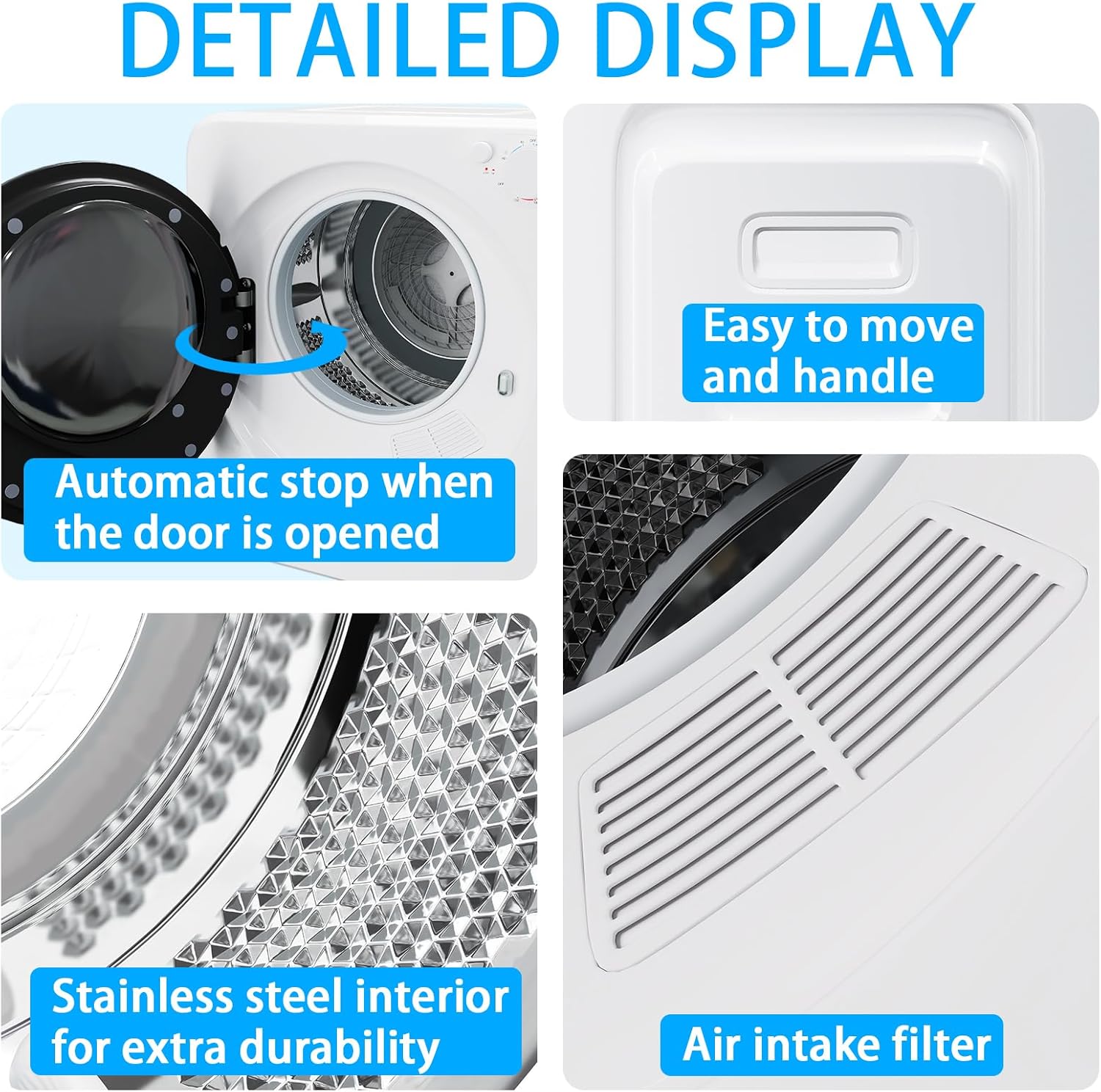 1.8 cu.ft Portable Clothes Dryer, 800W Compact Dryer with Stainless Steel Tub, 5 Modes Auto Stop & Easy Control Electric Dryers, Ideal for Laundry, Apartments, Dorms, RVs, White