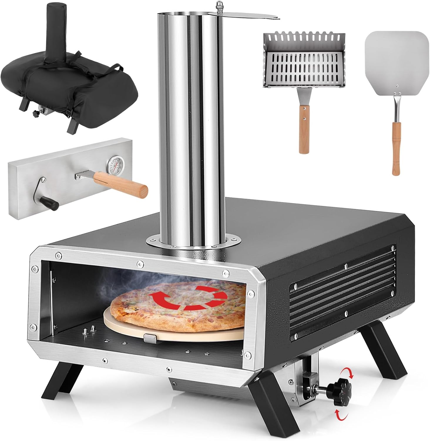 Giantex Pizza Oven Outdoor - 360° Rotating Pizza Stone, Wood Fired Pizza Oven with Pizza Peel, Carrying Cover, Portable Pellet Pizza Maker Stove for Outside Charcoal Grill Backyard Party Camping