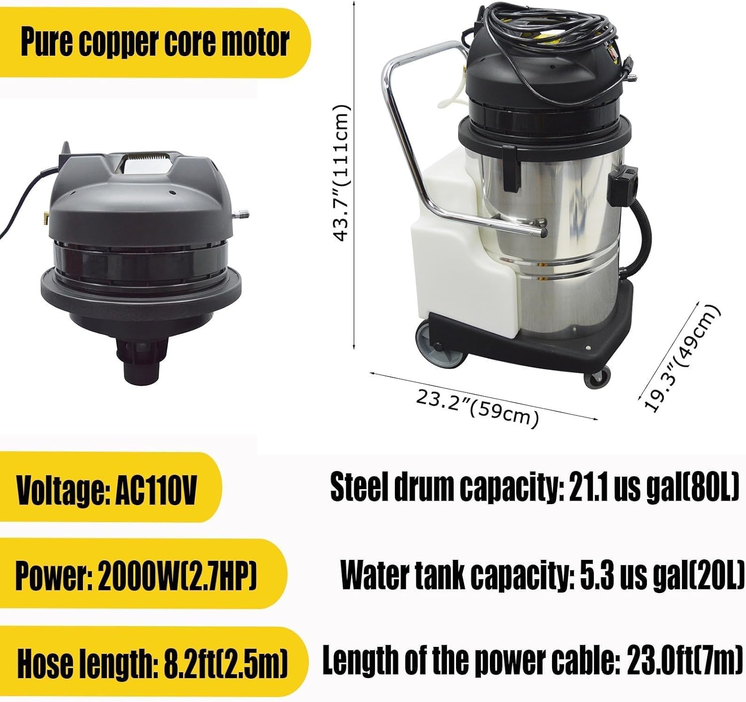 110V 2000W Carpet Cleaner Machine, 80L Portable 3 in 1 Carpet Vacuum Extractor with Six Professional Cleaning Tools