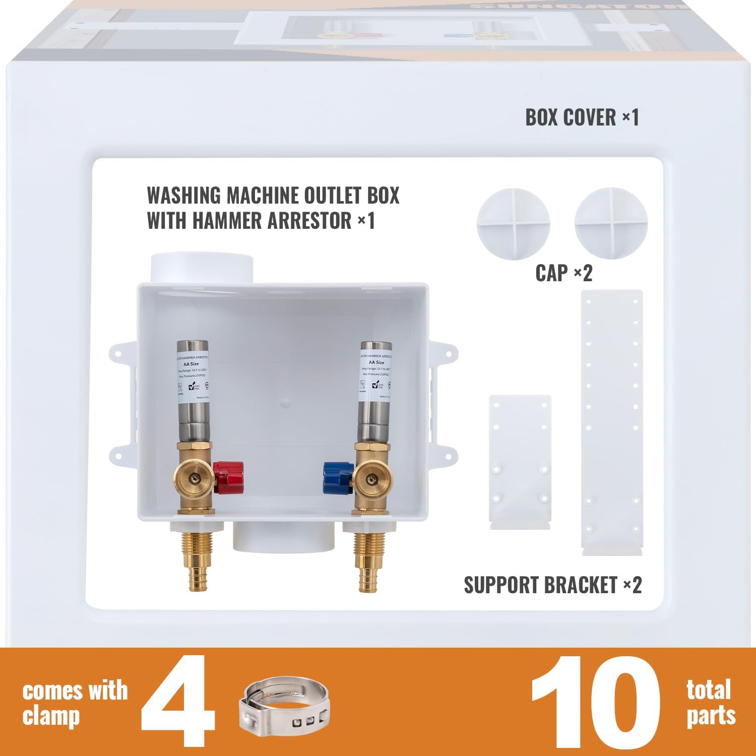 SUNGATOR Washing Machine Laundry Outlet Box, Washer Water Valve Wall Box with Center Drain, 1/2 Inch Pex Crimp Inlet x 3/4 Inch MHT Outlet, with Stainless Steel Water Hammer Arrestor and 4 Crimp Rings