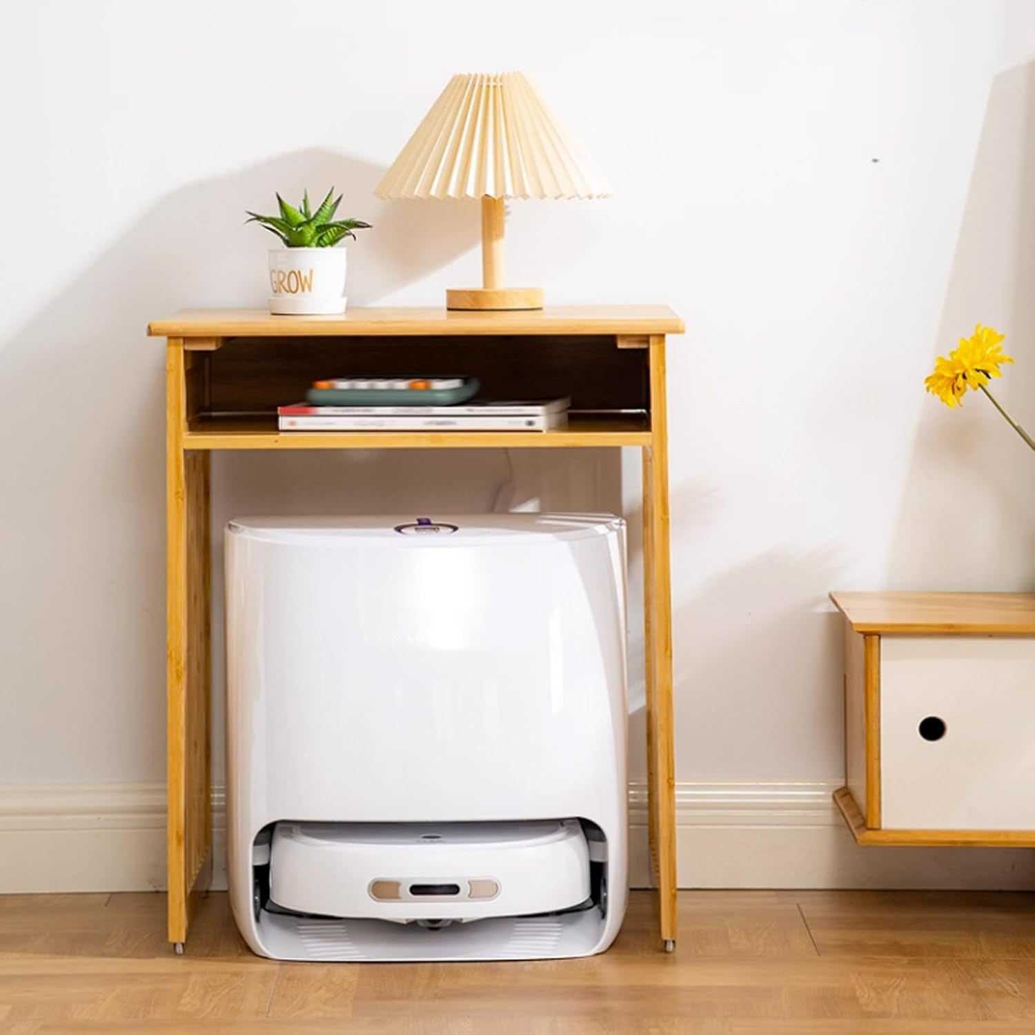 Robot Vacuum Stand Cabinet, Sweeping Robot Storage Rack, Vacuum Hidden Storage Cabinet, Robot Vacuums Stand with Wheels, Household End Side Table(Natural,21.8x18.3x29.5'')