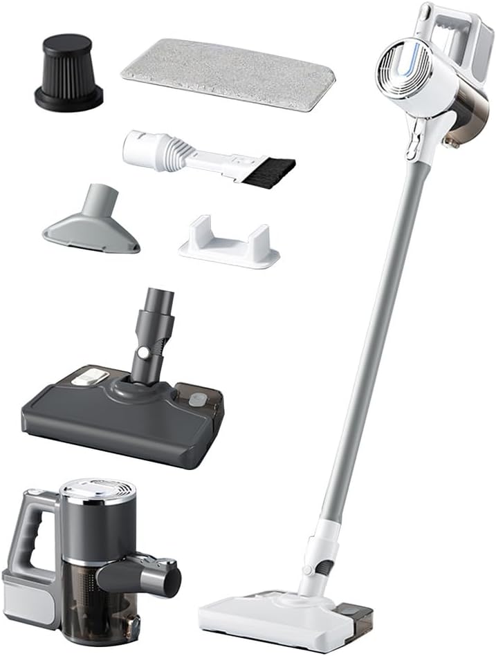 White,Cordless Electric Mop, 2025 Electric Spin Mop with LED Headlight and Cordless Vacuum Cleaner, Up to 30 mins Powerful Floor Cleaner with Water Tank & Rechargeable Battery