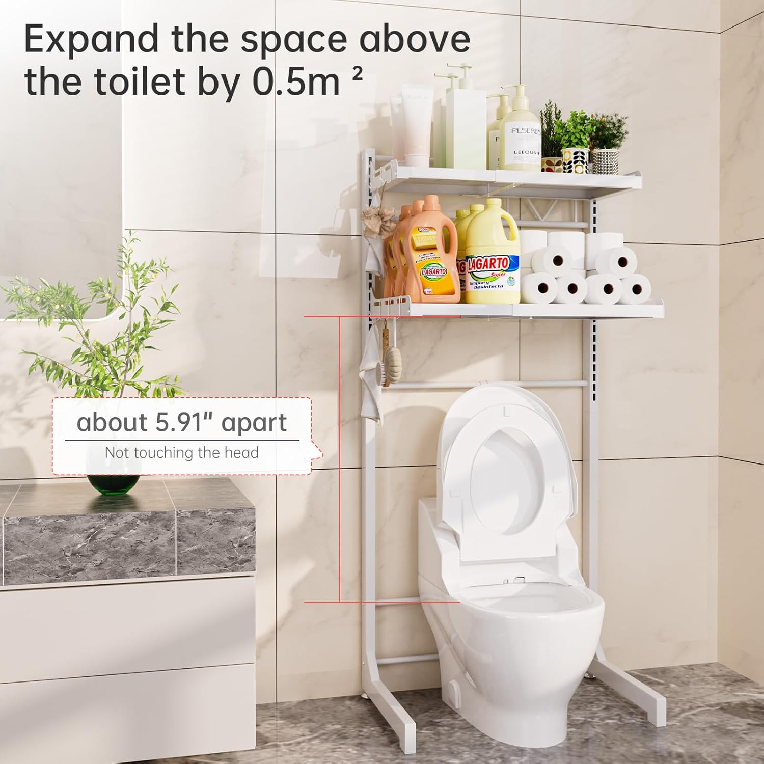 Carbon Steel Over Washer and Dryer Shelf, 2 Tier Bulkhead Laundry Room Storage and Organization Riser, Above Toilet Rack, (14.17“-25.59”) W*15.75 “D*63.39 ”H, White