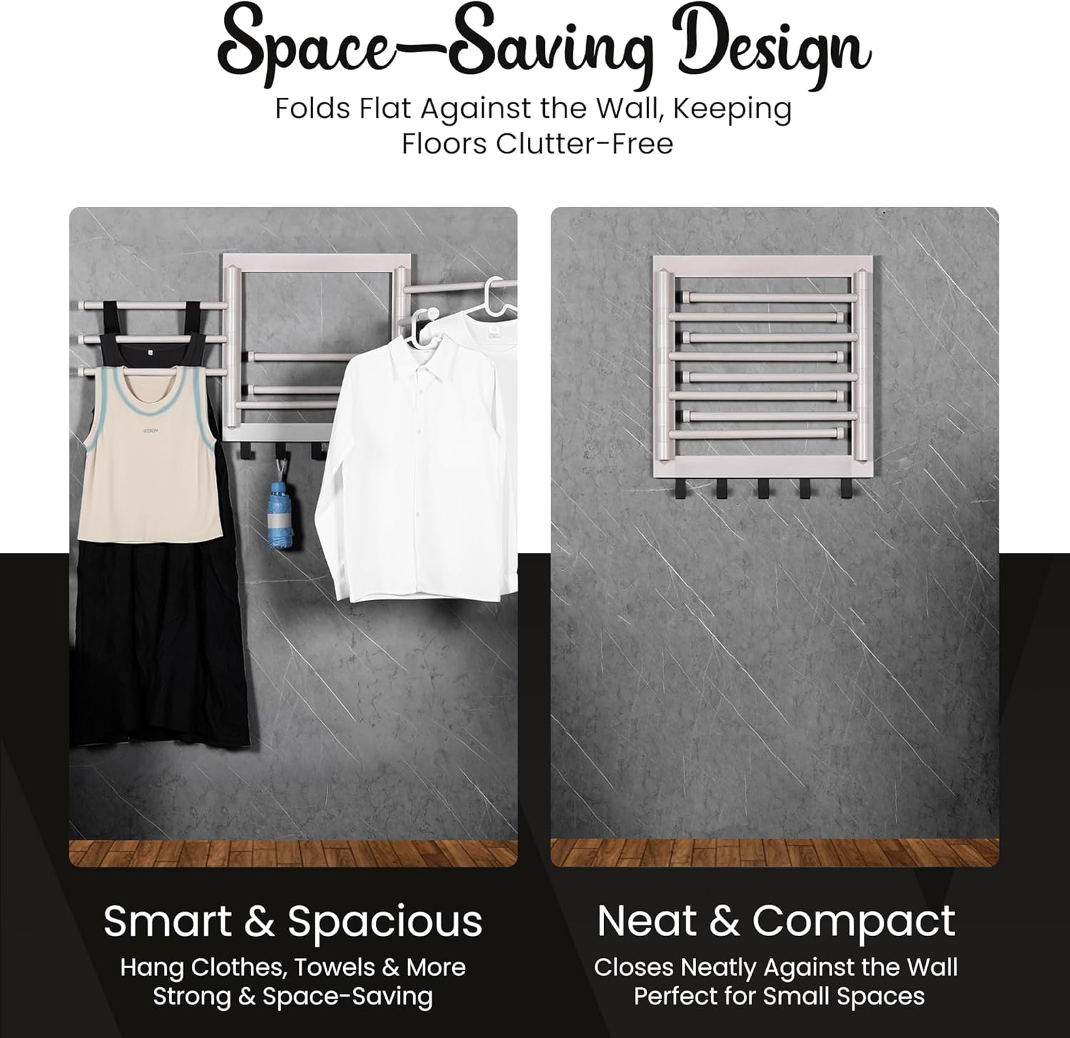 Wall Mounted Drying Rack - Clothes Drying Rack Wall Mounted for Laundry - 20 INCH - with 5 Hooks and 8 arms - 80 lbs Capacity - White Bamboo