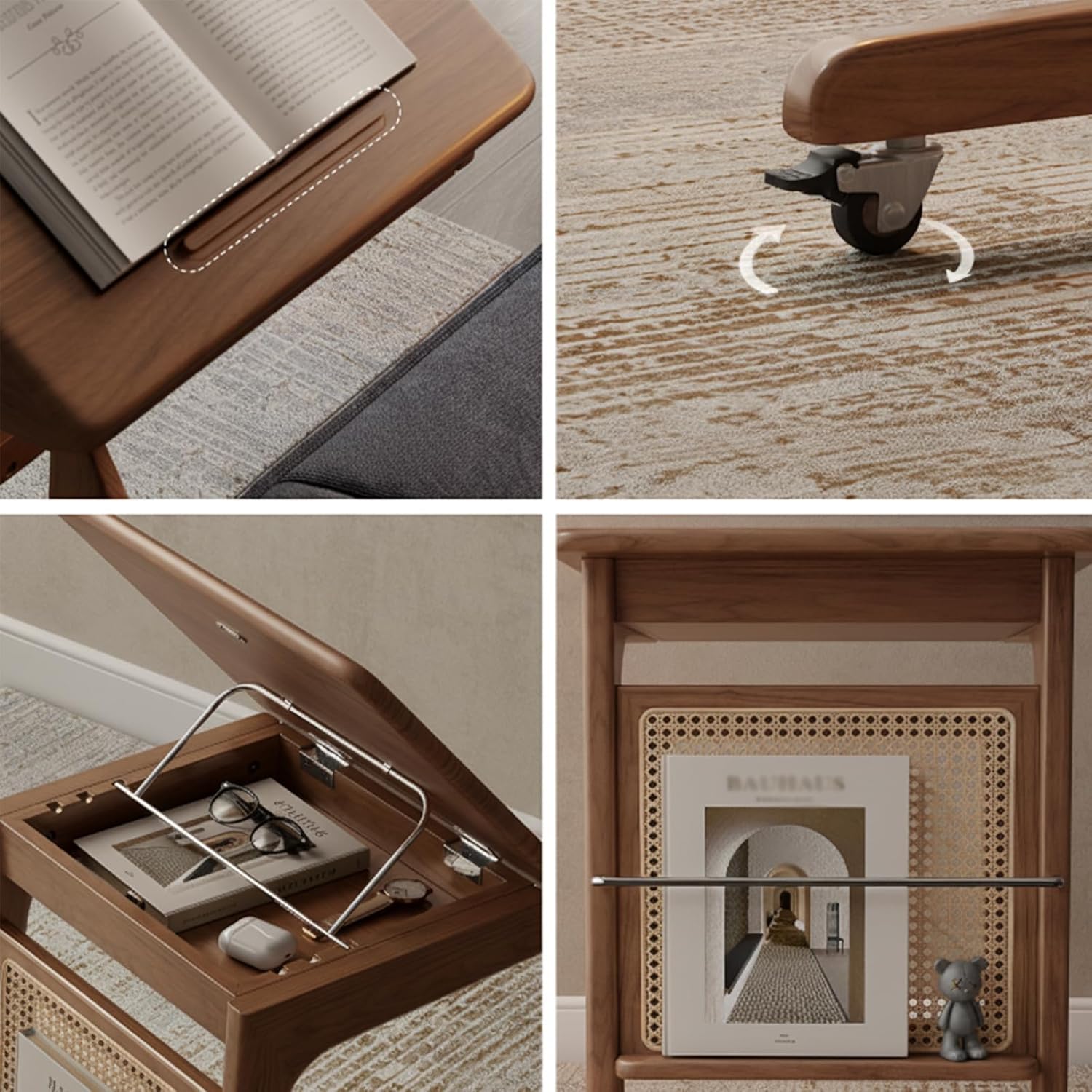 Wooden Robot Vacuum Cabinet with Wheels, Vintage Storage Cabinet for Vacuum with Decorative Rattan, Multipurpose Side Table for Living Room & Bedroom, 18.9/23.6