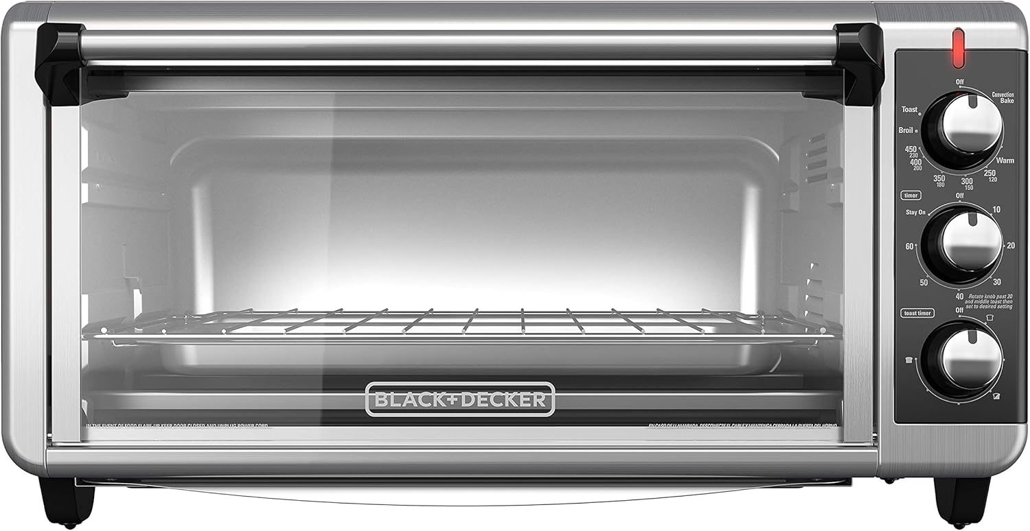 BLACK+DECKER TO3250XSBD 8-Slice Extra Wide Convection Countertop Toaster Oven, Includes Bake Pan, Broil Rack & Toasting Rack, Stainless Steel/Black