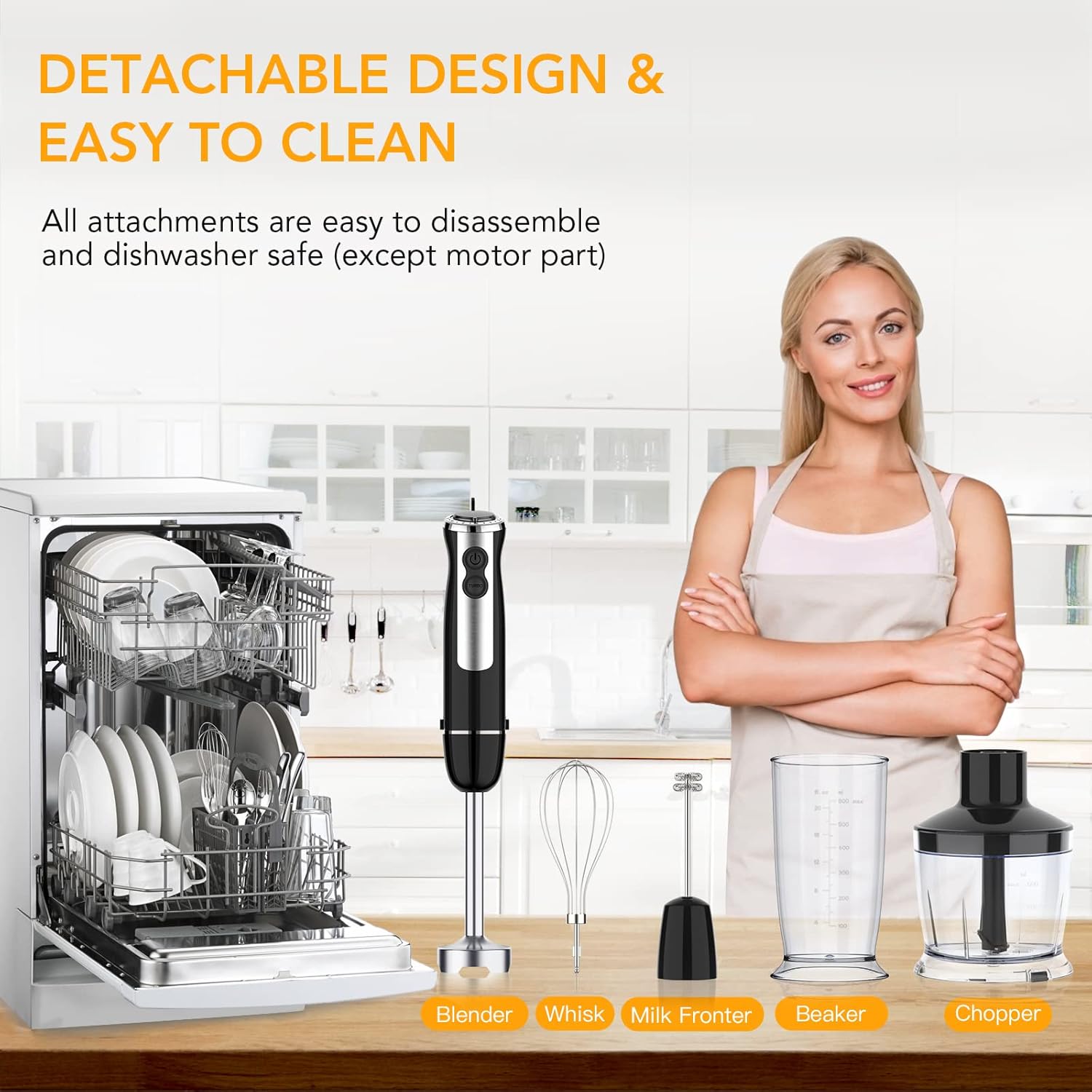 Handheld Blender 5-in-1, Immersion Hand Blender 800W Powerful Copper Motor, 12 Speed Turbo Mode, 20oz Beaker with Measuring Mark, 17oz Food Chopper for Smoothies Stainless Steel Blades, Whisk