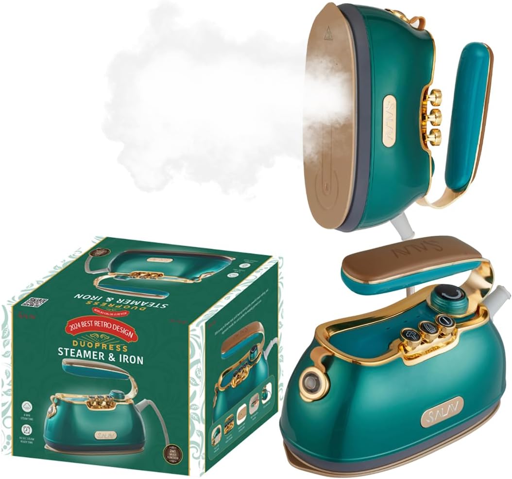 SALAV® Retro Edition Duopress Handheld Garment Steamer & Iron, Ceramic Plate, 1000W, No Drip Steam, Vertical & Horizontal Steam, Emerald - Removes Wrinkles & Refreshes Clothes, Vintage Style