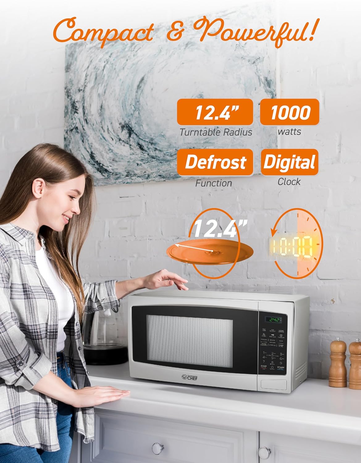 COMMERCIAL CHEF 1.1 Cu Ft Microwave with 10 Power Levels, Microwave 1000W with Push Button Door Lock, Countertop Microwave with Microwave Turntable and Digital Controls, White