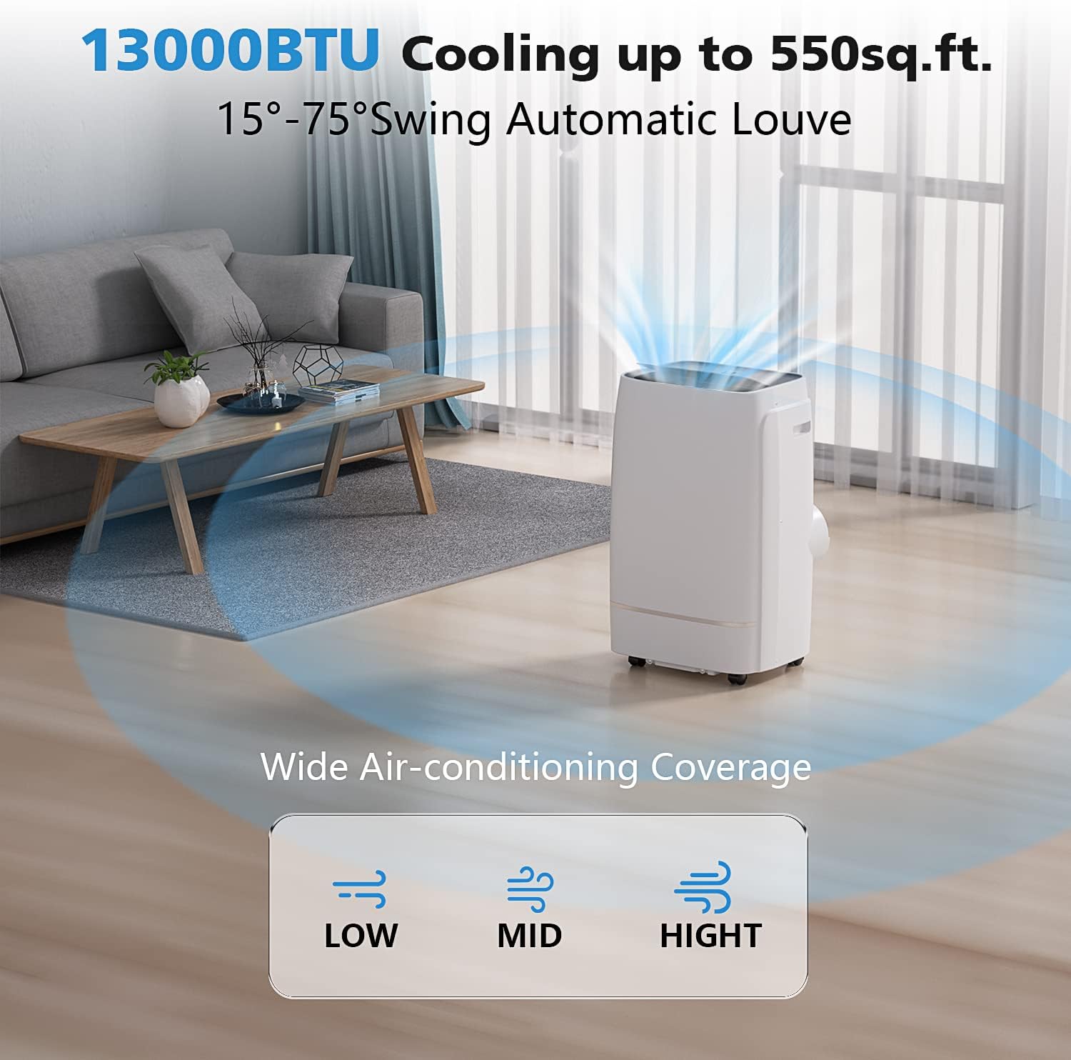COWSAR 13000 BTU Portable Air Conditioner 4-IN-1 Portable AC Unit 24H Timer Room Air Conditioners 450 Sq.Ft. Coverage ＜53dB Portable Air Conditioners for 1 Room