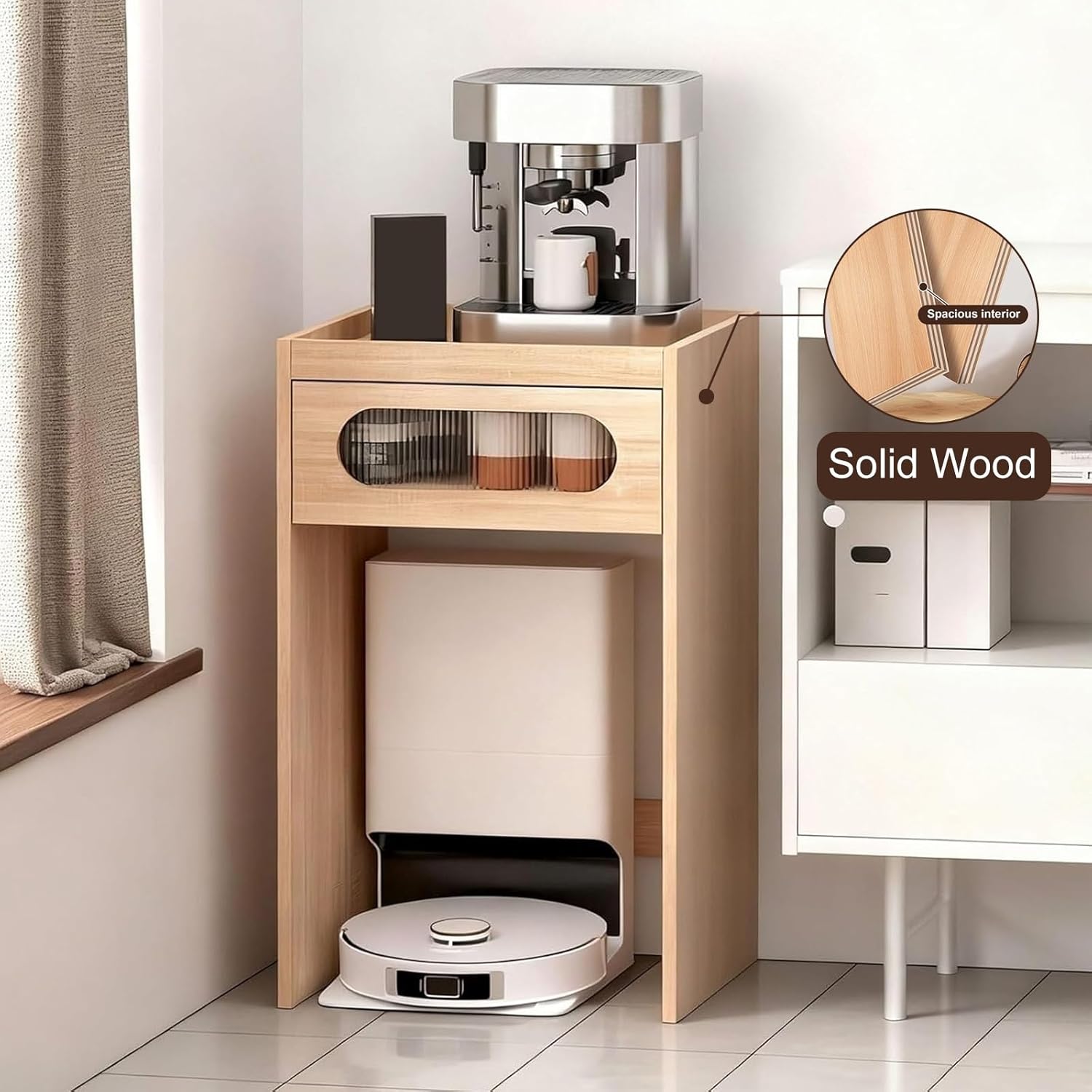 Robot Vacuum Storage Cabinet, Sweeping Robot Storage Rack with Acrylic Doors, Wood Household End Table to Hide Robot Vacuum for Living Room(Yellow,75x45cm/29.5x17.7in)