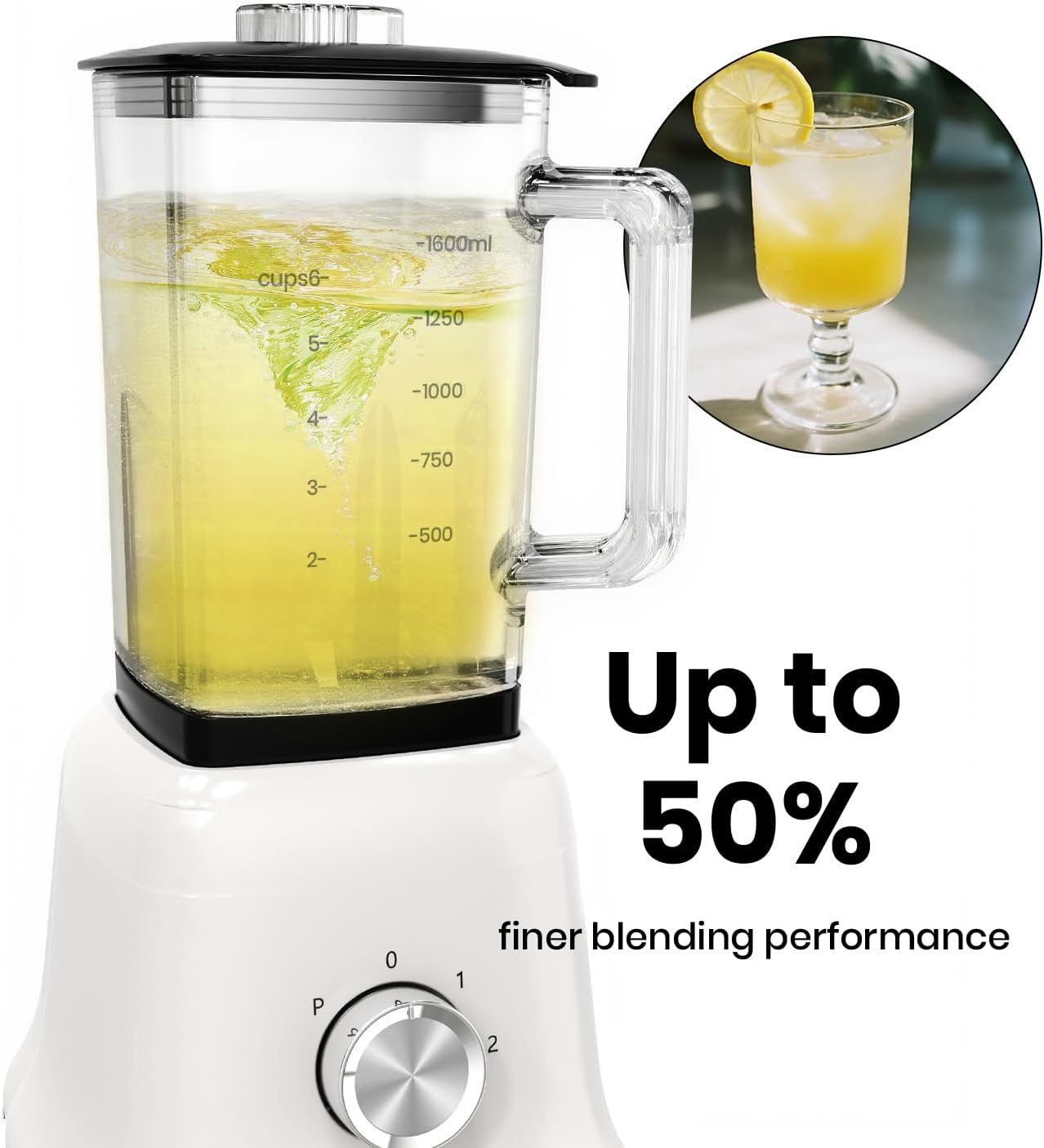 Professional Blender For Smoothies, 58 Oz Glass Jar, Glass Blender Including Puree & Crush Ice Functions, 750 Watts, With Portable Travel Cup B02 (Ceramic White)