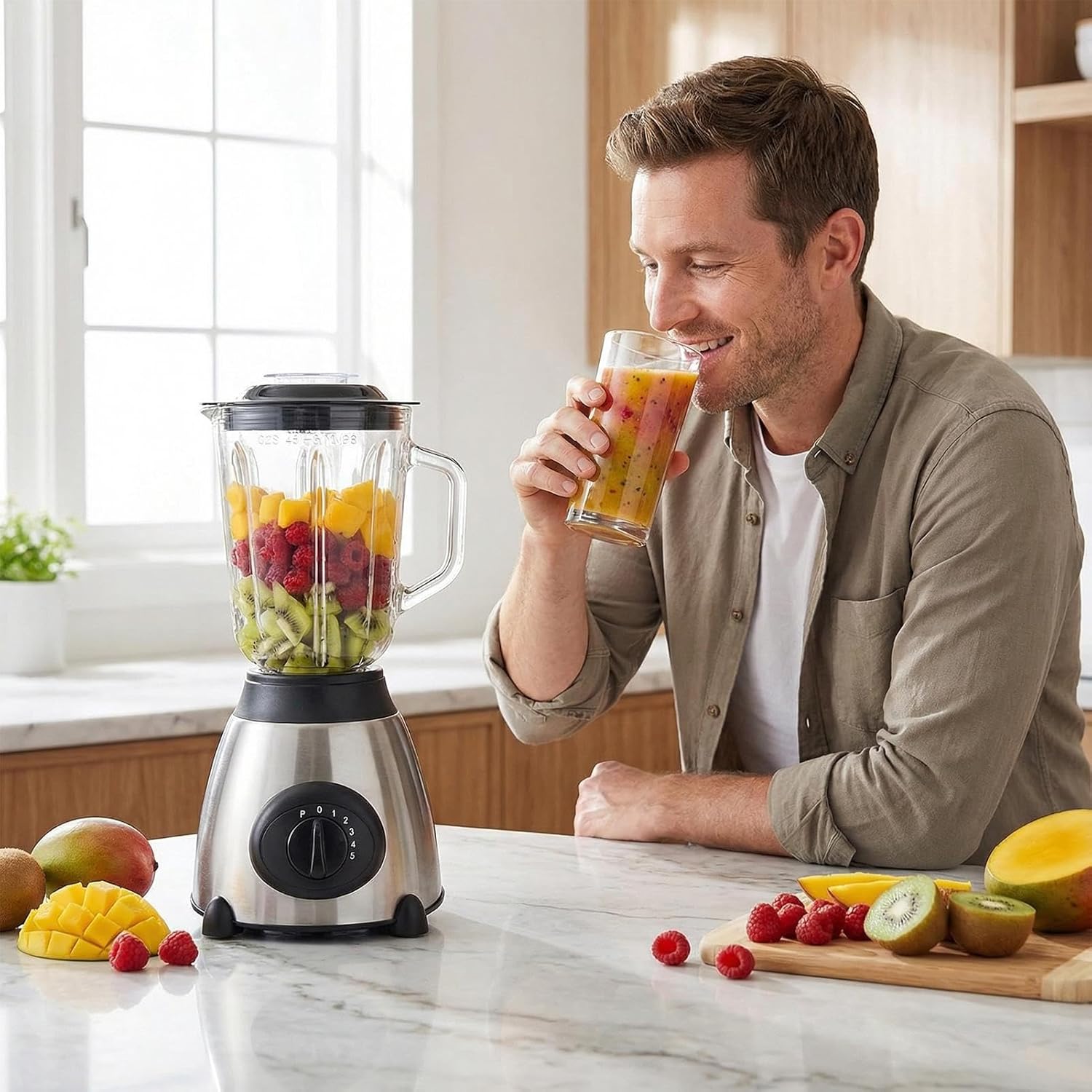 Tabletop Blender – Juicer and Grinder with Detachable 1.5L Glass Cup, 5 Speed | Maker Food Grinding Meat Processing Additive Spoon Lid Practical Use for Kitchen