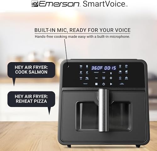 Emerson SmartVoice 10QT 6-in-1 Air Fryer, 1000+ Voice Control Commands, 100+ Recognized Food, No APP, No WIFI, No Setup, Nonstick Basket, Air Fry, Bake, Reheat, Dehydrate, 1700W