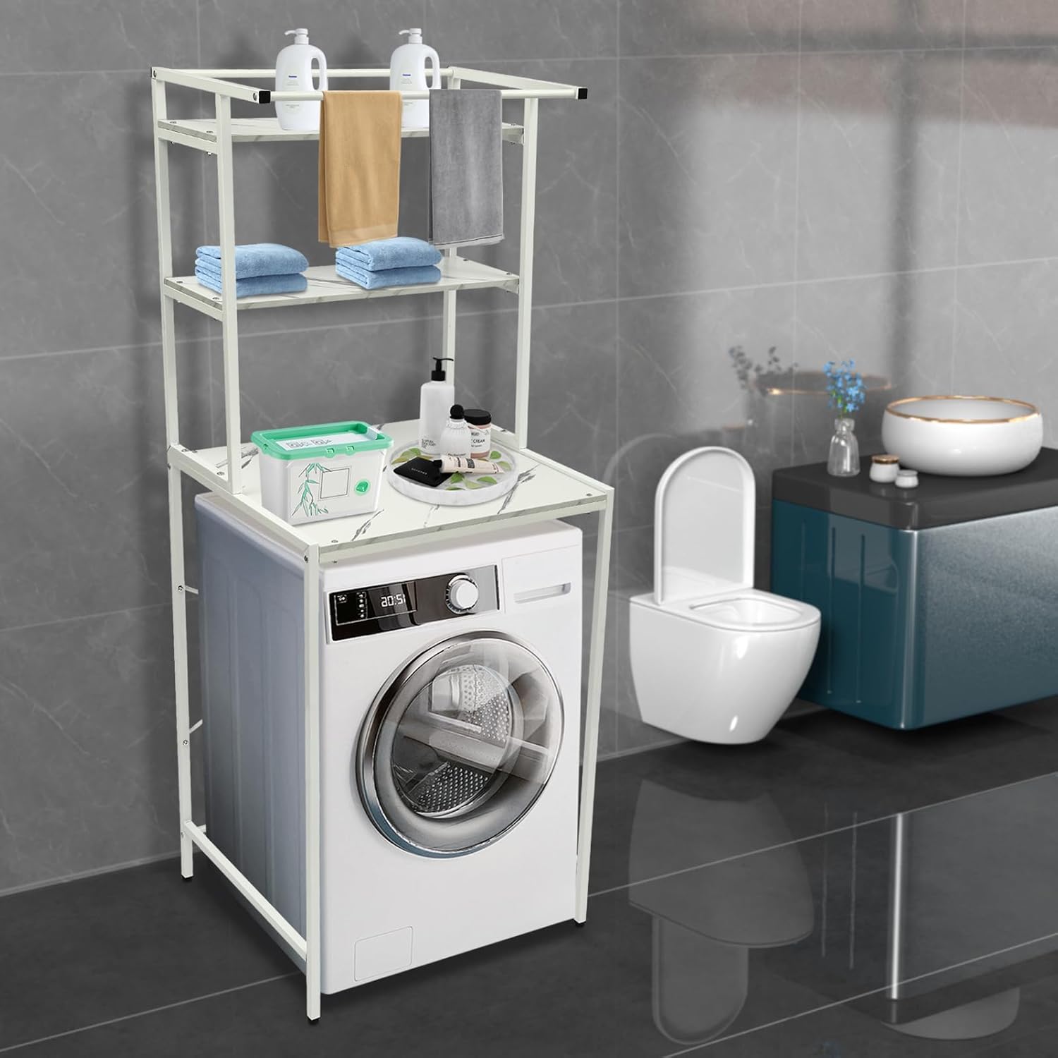 Washer and Dryer Storage Rack, 3 Tiers Laundry Room Storage and Organizer Standing Shelf, for Bathroom Bedroom Balcony Drying Rack Towel Rack Handbag Rack (White+Marble)