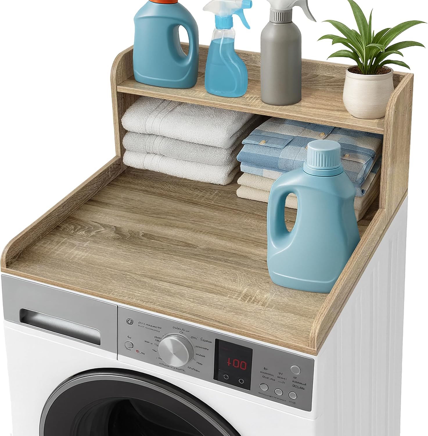 Royxen Washer Dryer Countertop with Shelf,2-Tier Laundry Countertop for Single Washer and Dryer,Soild Wood Core Washer Dryer Topper for Laundry Room Organization(White Oak)