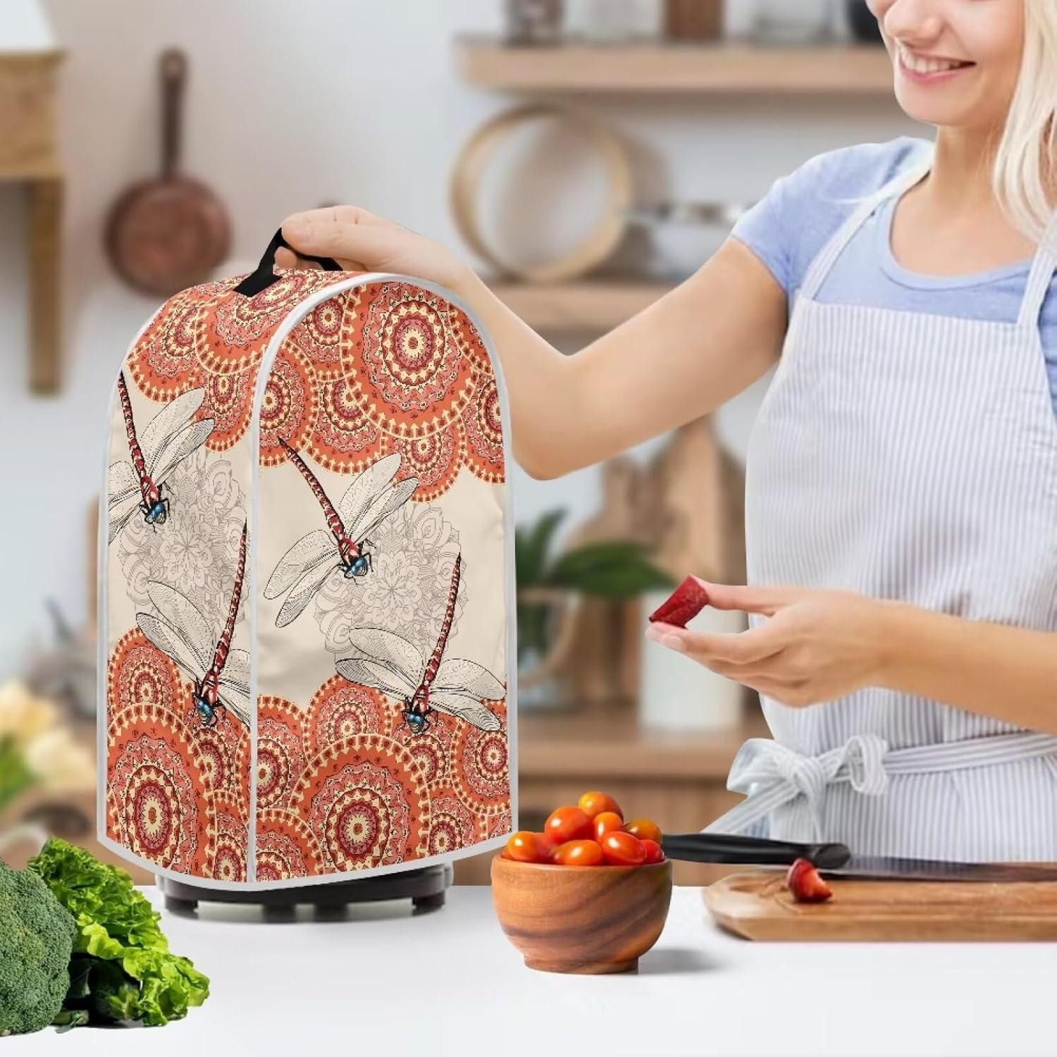TODIYADDU Dragonfly Floral Blender Cover Orange Mandala Stand Mixer Cover with Top Handle Personalized Coffee Machine Cover Food Processor Dust Cover Lightweight Blender Dust Cover Decorations.