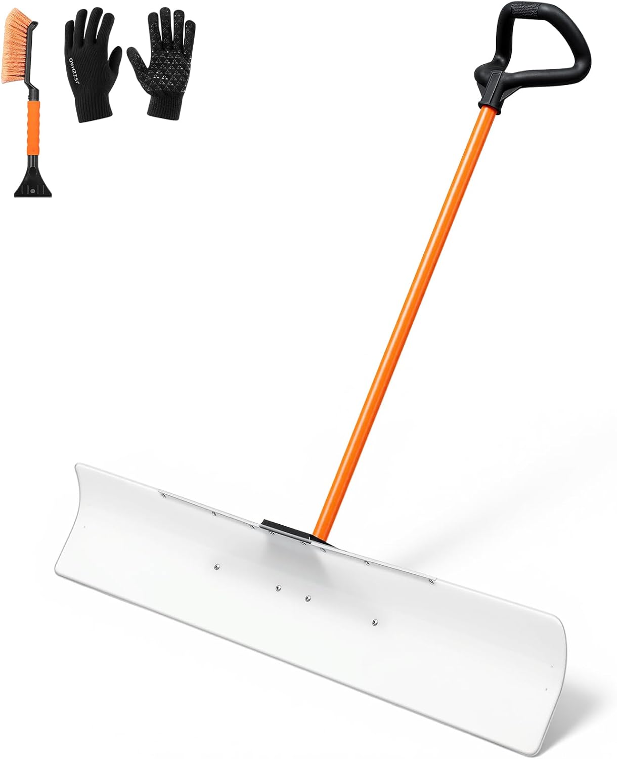 48 Inch Personal Snow Shovel Set, Includes Brush and Gloves, Barn Shovel Snow Removal Pusher for Driveway, Sidewalks and Doorways (White)