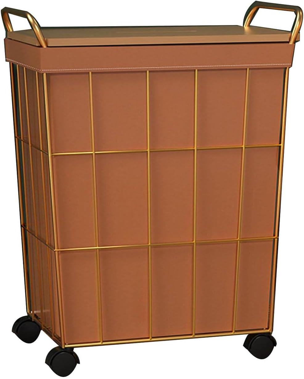 Iron Wire Laundry Hamper on Wheels Rolling Laundry Basket w/Leather Liner Bag & Handle Gold Metal Frame Laundry Sorter w/Lid for Bedroom Washing Basket (White 45x32x56cm)