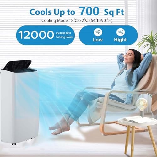 GarveeLife Portable Air Conditioner, 12000BTU Air Conditioner, 4 in 1 Cooling AC With Dehumidifier and Fan Modes, Cools Room Up to 700 Sq.Ft, Portable AC Unit With Remote Control