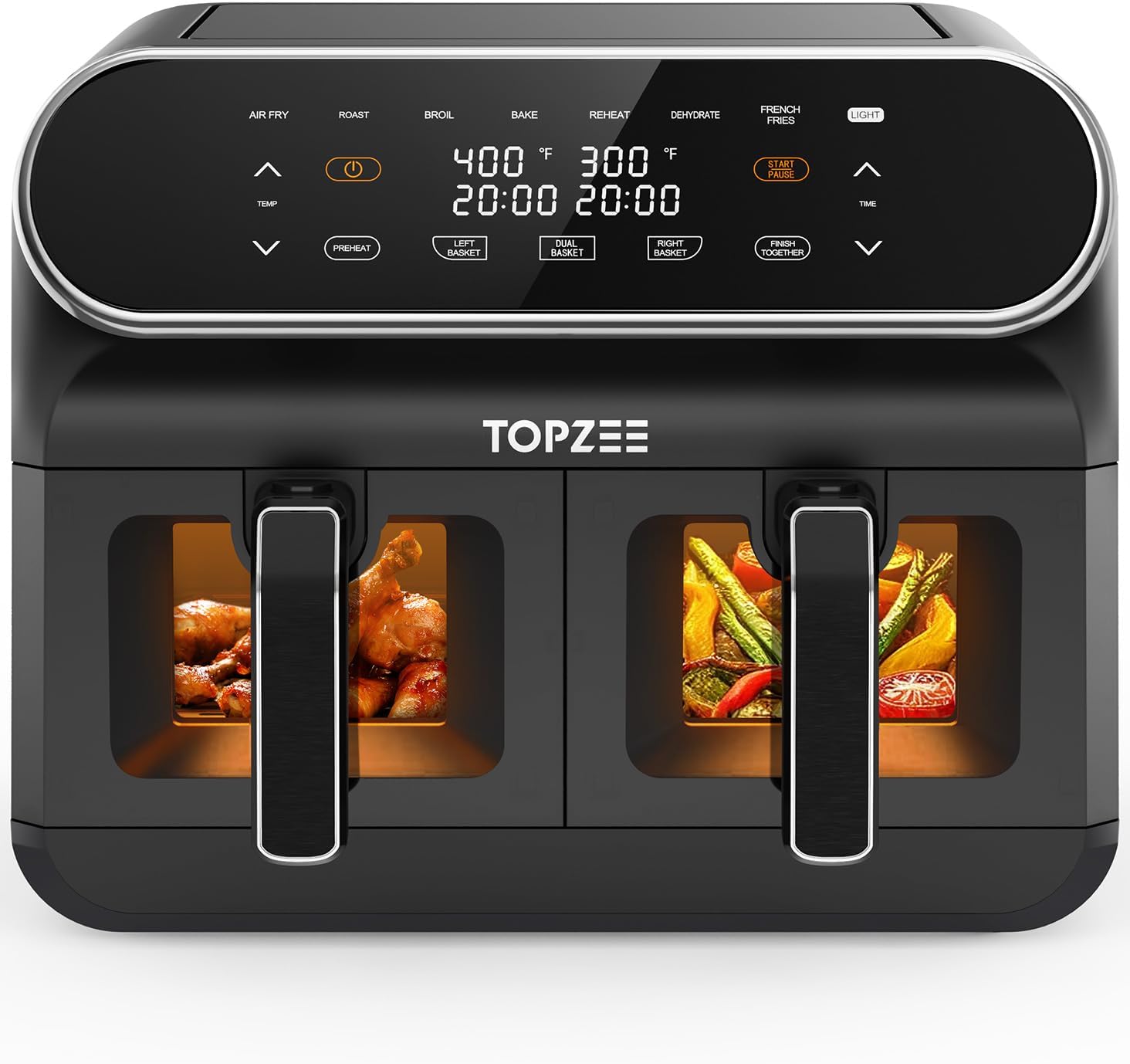 Topzee 8QT Dual Basket Air Fryer – Large 8-Quart Air Fryer with Independent Temperature Control, 8 Preset Functions, Match & Finish Together Mode, Clear Viewing Windows, Black