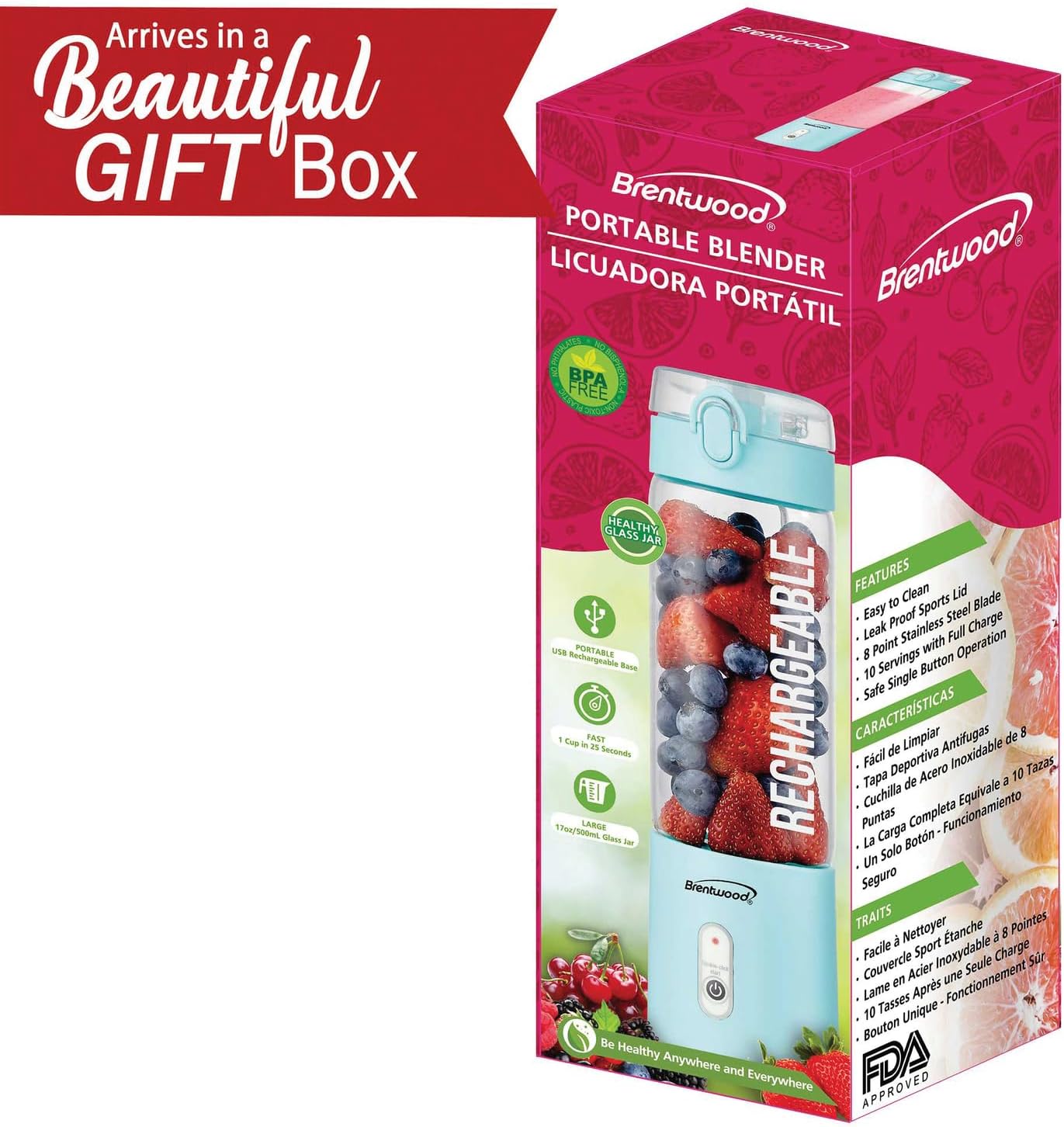 Brentwood 50-Watt 17-Oz. Portable Battery-Operated USB-Chargeable Glass Blender (Blue)