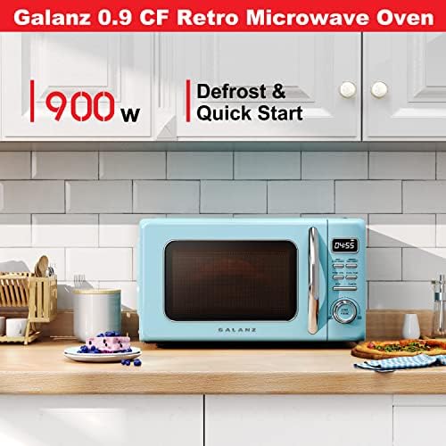 Galanz GLCMKZ09BER09 Retro Countertop Microwave Oven with Auto Cook & Reheat, Defrost, Quick Start Functions, Easy Clean with Glass Turntable, Pull Handle, 0.9 cu ft, Blue