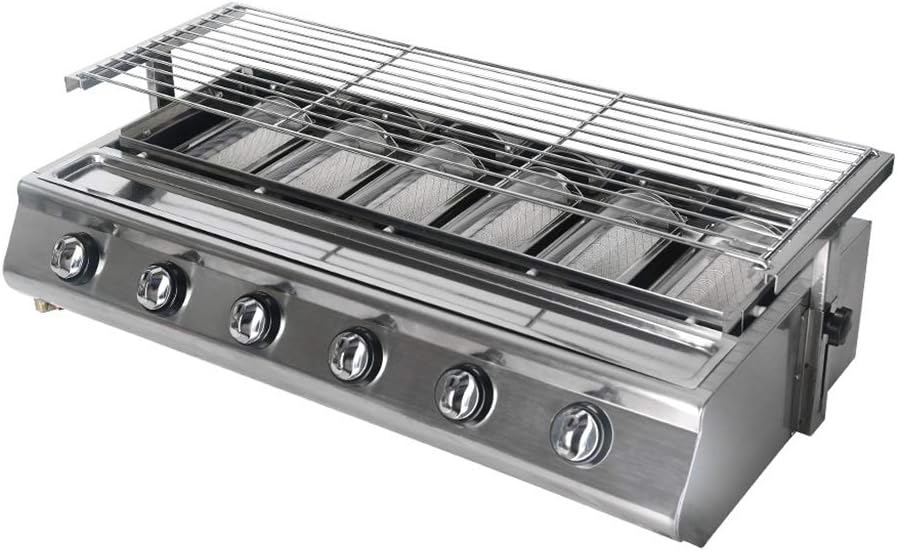 6 Burner BBQ Grill Stainless Steel Outdoor Roaster Grill Stove Camping Courtyard Party Kebab Meat Glass Cover