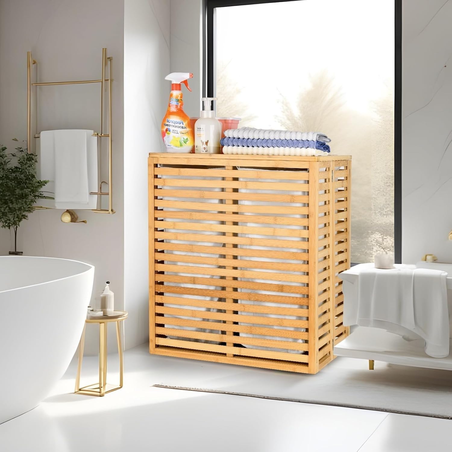 Bamboo laundry basket with lid, 125 liter foldable laundry basket with 2 detachable inner lining bags, suitable for laundry rooms, bathrooms, bedrooms, natural wood