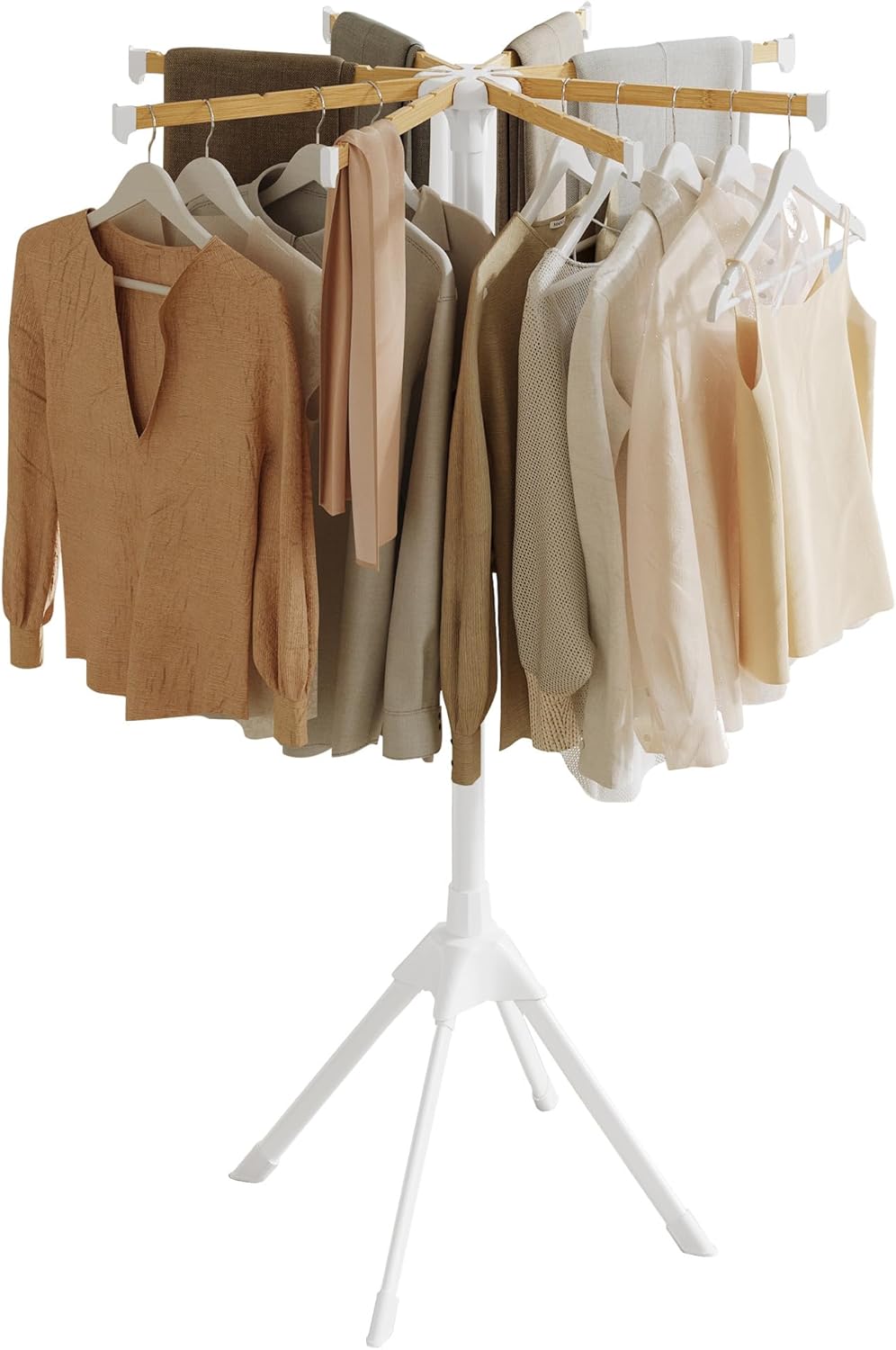 SONGMICS Clothes Drying Rack, with Bamboo Hanging Rods, Foldable Metal Laundry Rack, Space-Saving, Free-Standing Airer, Indoor Use, White and Natural ULLR516W01