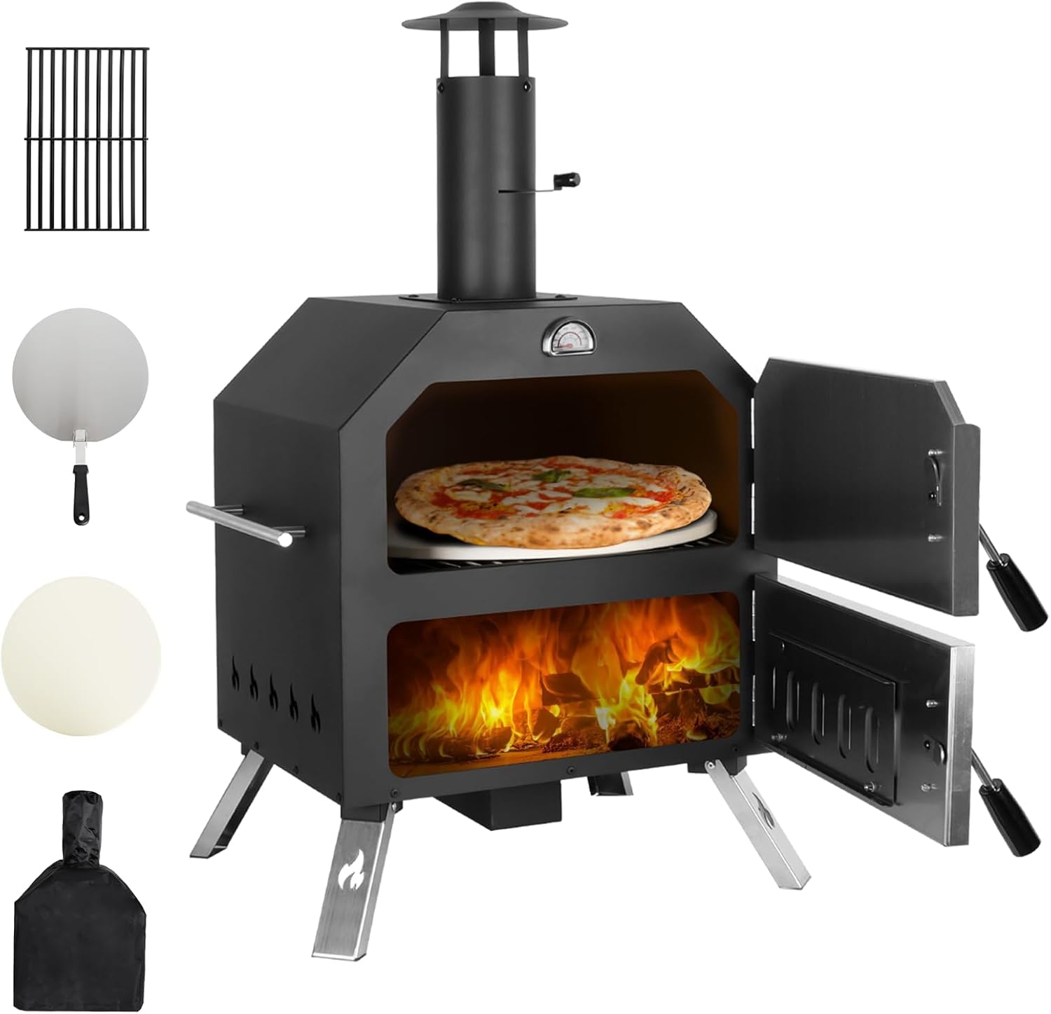 12''Outdoor Pizza Oven Wood Fired Pizza Oven Portable Patio Ovens &Pizza Stone, Pizza Peel,Adjustable Legs,Waterproof Cover