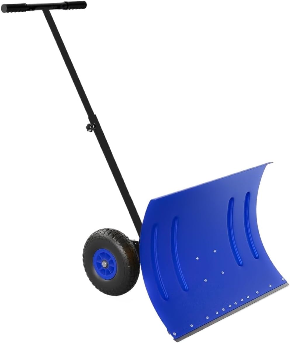 20-inch Wide Adjustable Wheeled Snow Shovel with 5 Angle and Height Handle Settings for Sidewalks and Yards(Blue)