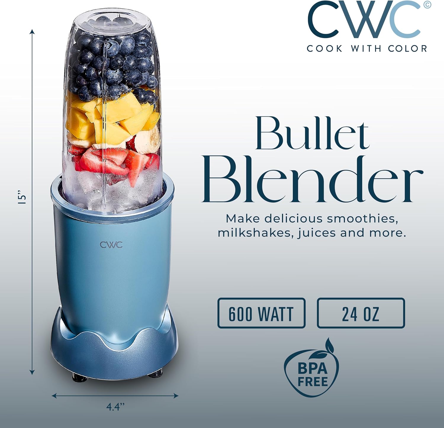 COOK WITH COLOR Personal Power Blender 600W, 24oz Capacity, BPA-Free Jar, Ice-Crushing Blades, Ideal for Smoothies & More, Anti-Slip Feet, Easy to Clean, Slate Blue