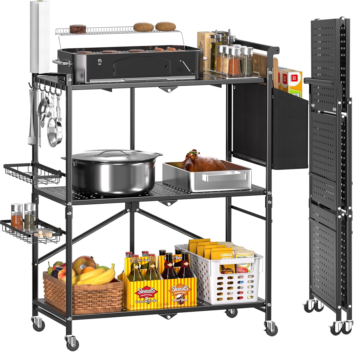 Foldable Outdoor Grill Cart with 3-Tier, Grill Table with 2 Locking Casters, Multi-Functional BBQ Cart, Portable Pizza Oven Stand Table, Rolling Kitchen Island for Outside, Black