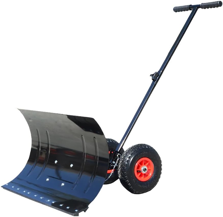 Wheeled Manual Snow Shovel, Heavy-Duty Rolling Snow Pusher with Non-Slip Rubber Tires and Adjustable Height Handle, Adjustable Working Angle, for Stoops, Decks, Patios, Walkways