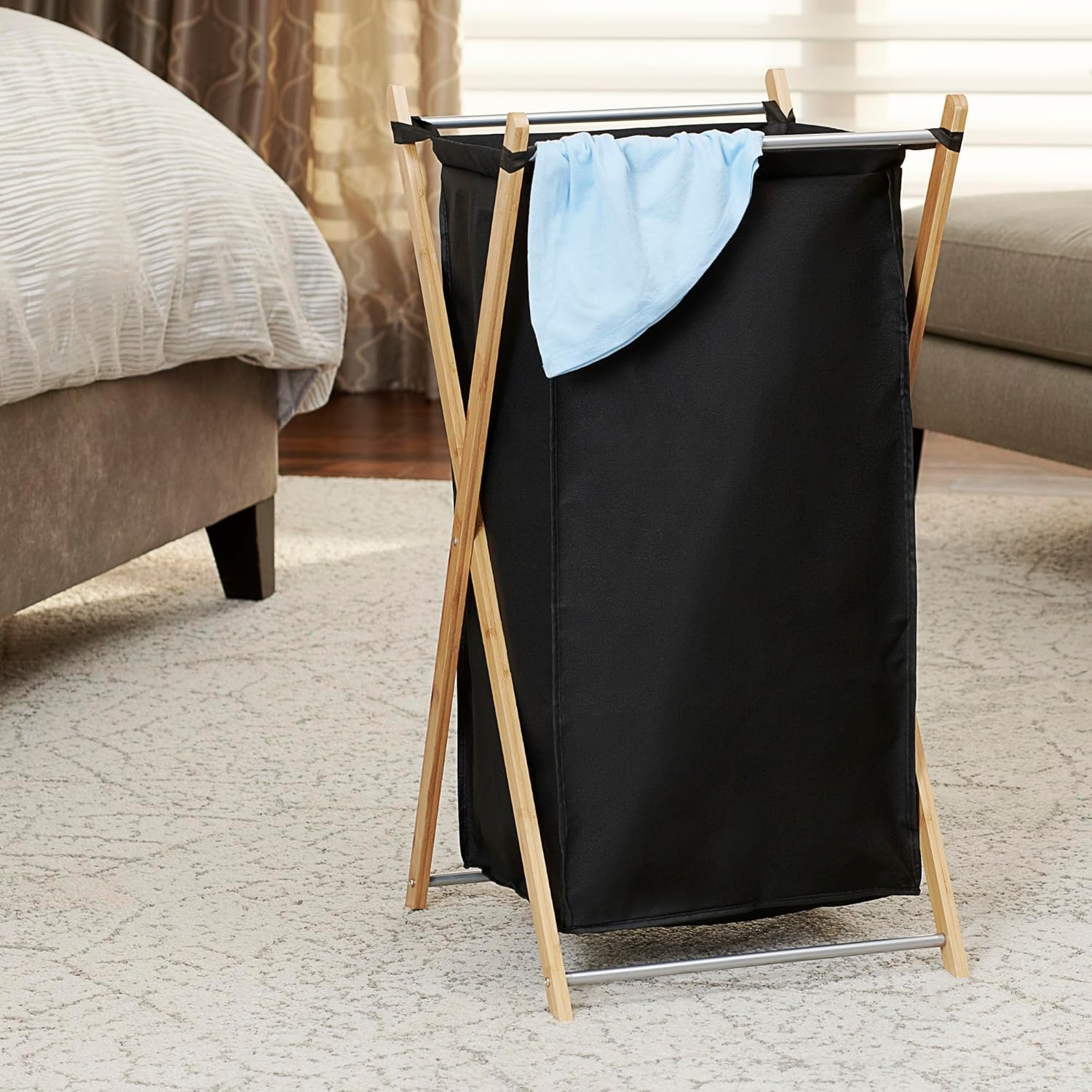 Household Essentials X-Frame Bamboo Hamper, Washable Black Liner and Bamboo Frame, and Renewable, Folds for Storage, Simple and Chic, Natural