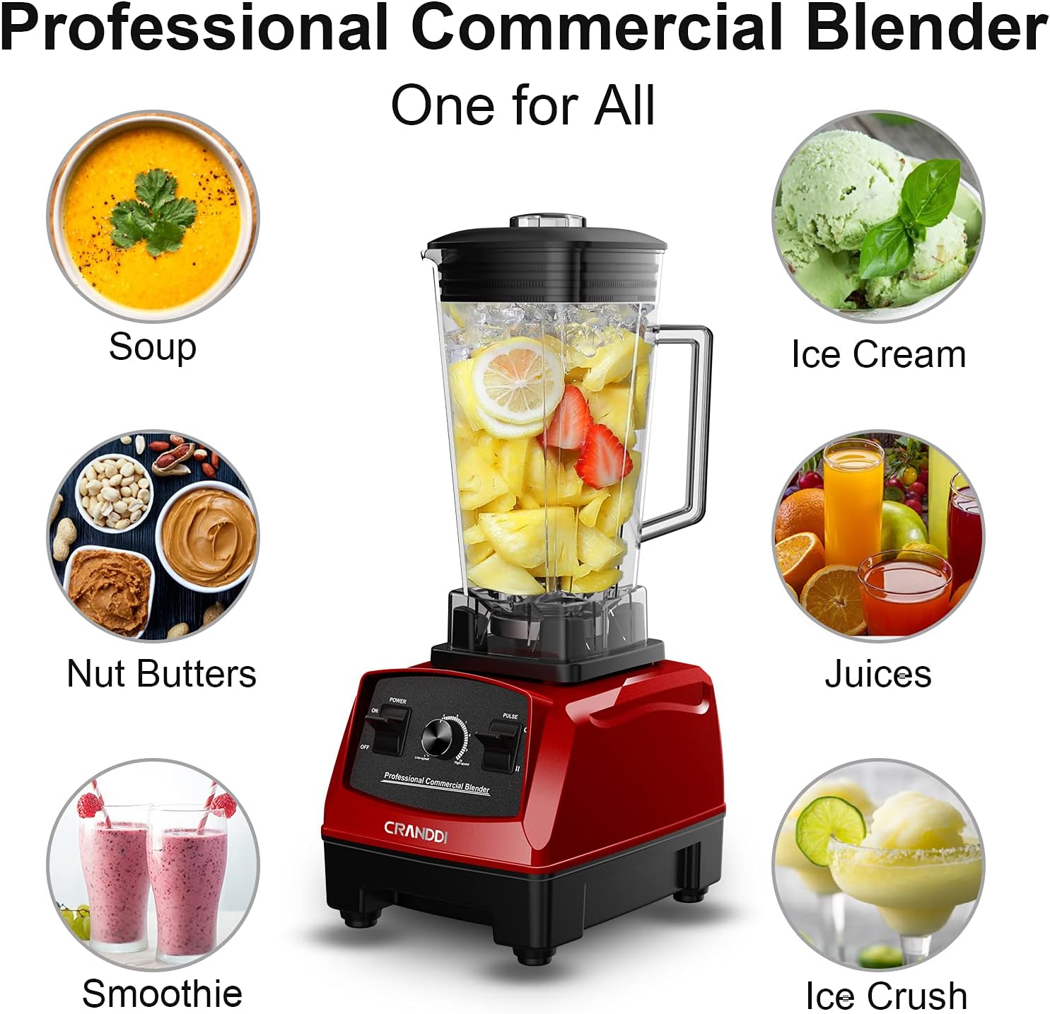 CRANDDI Professional Blender,1500 Watt Commercial Blenders for Kitchen with 70oz Capacity and Self-Cleaning, Classic Blenders for Shakes and Smoothies, Build-in Pulse, YL-010-R
