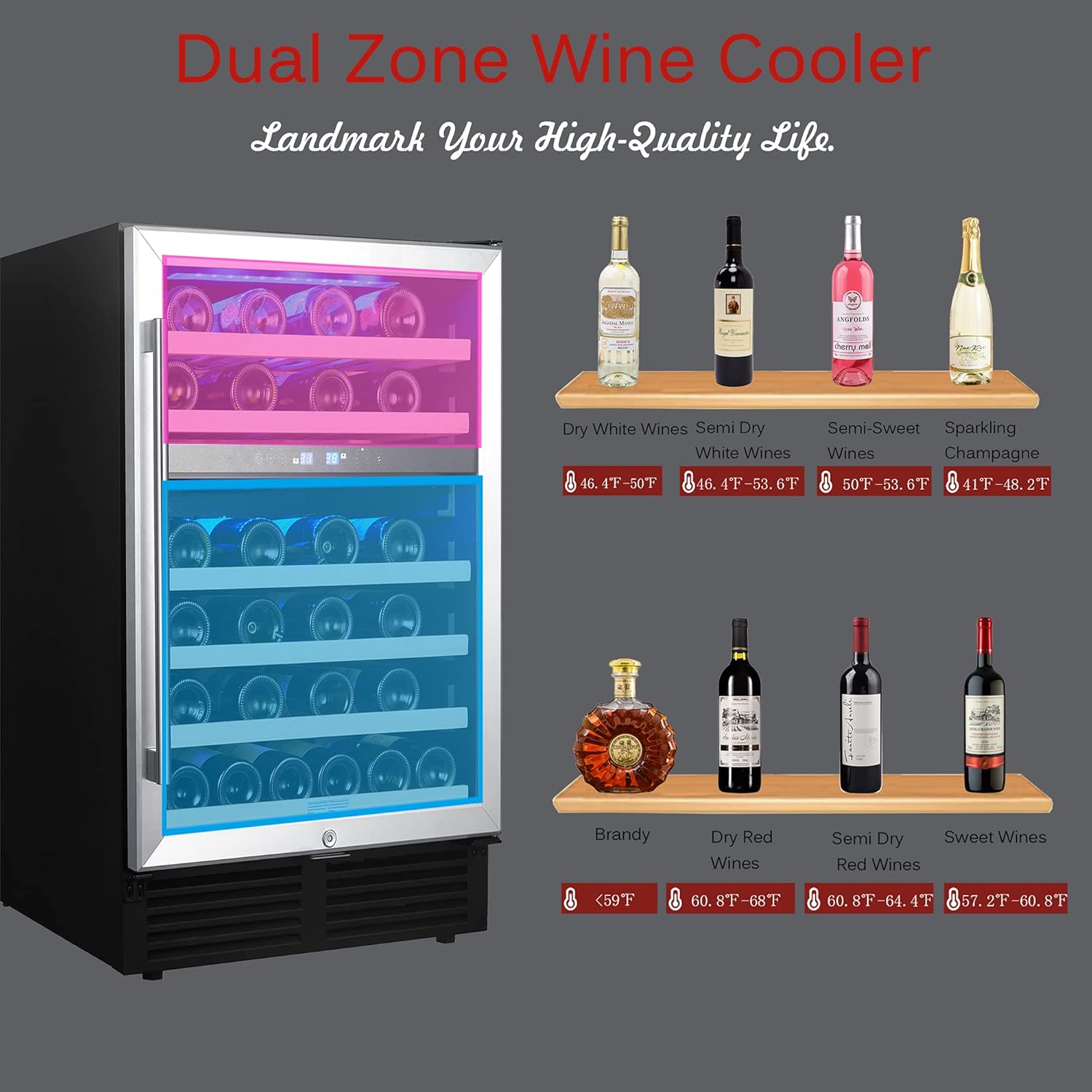 Modern 24IN 46 Bottle Wine Cooler Cabinet Beverage Fridge Small Wine Cellar Soda Beer Counter Top Bar Quiet Operation Compressor Freestanding Clear Glass Door for Office