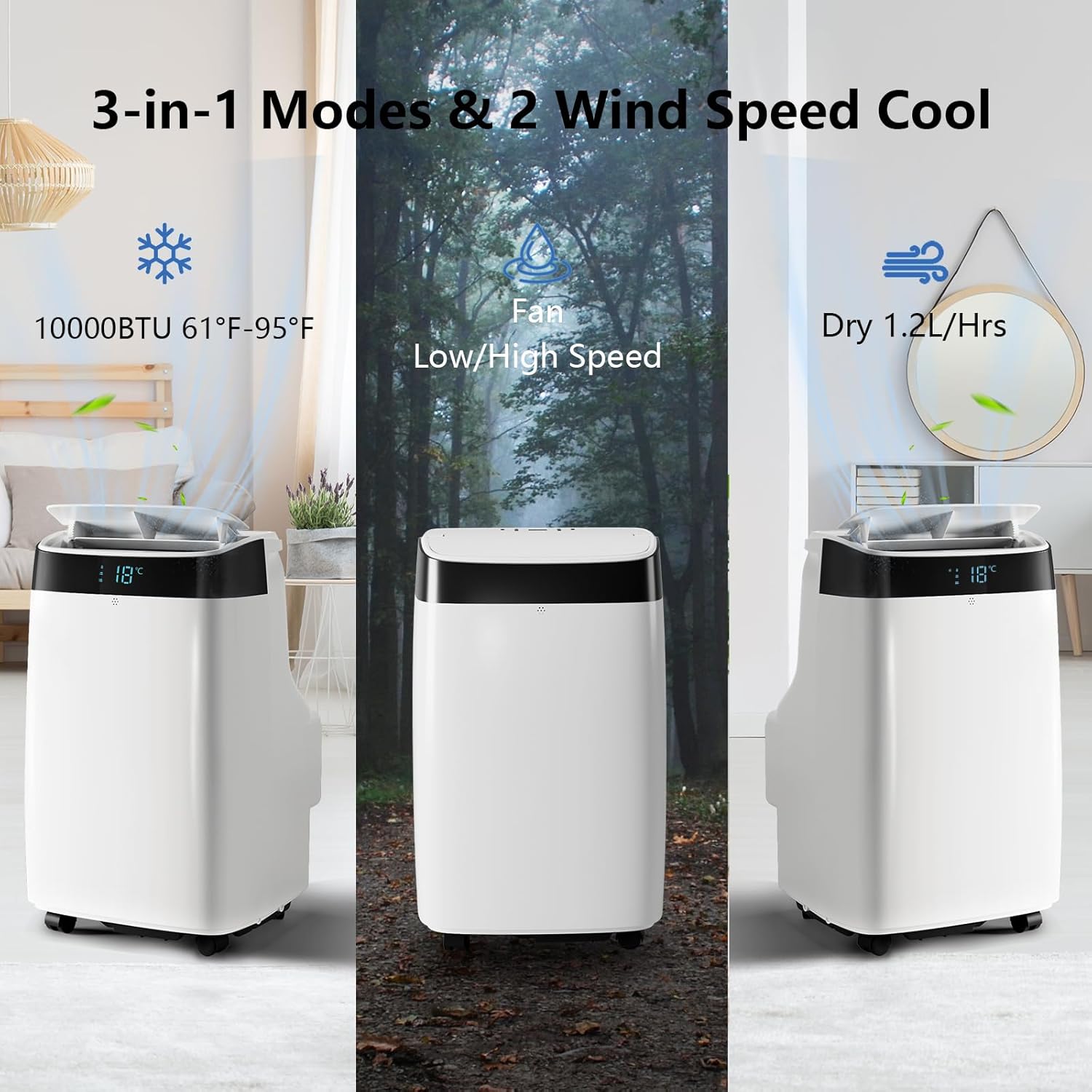 Portable Air Conditioner,10000 BTU Cooling Power, Up to 450 Sq. Ft Coverage,3-in-1 Functions with Digital Display, Remote Control, Ideal for Home or Office, White