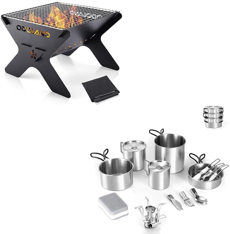 Odoland Bundle - 2 Items Camping Campfire Grill and13pcs Stainless Steel Camping Cookware