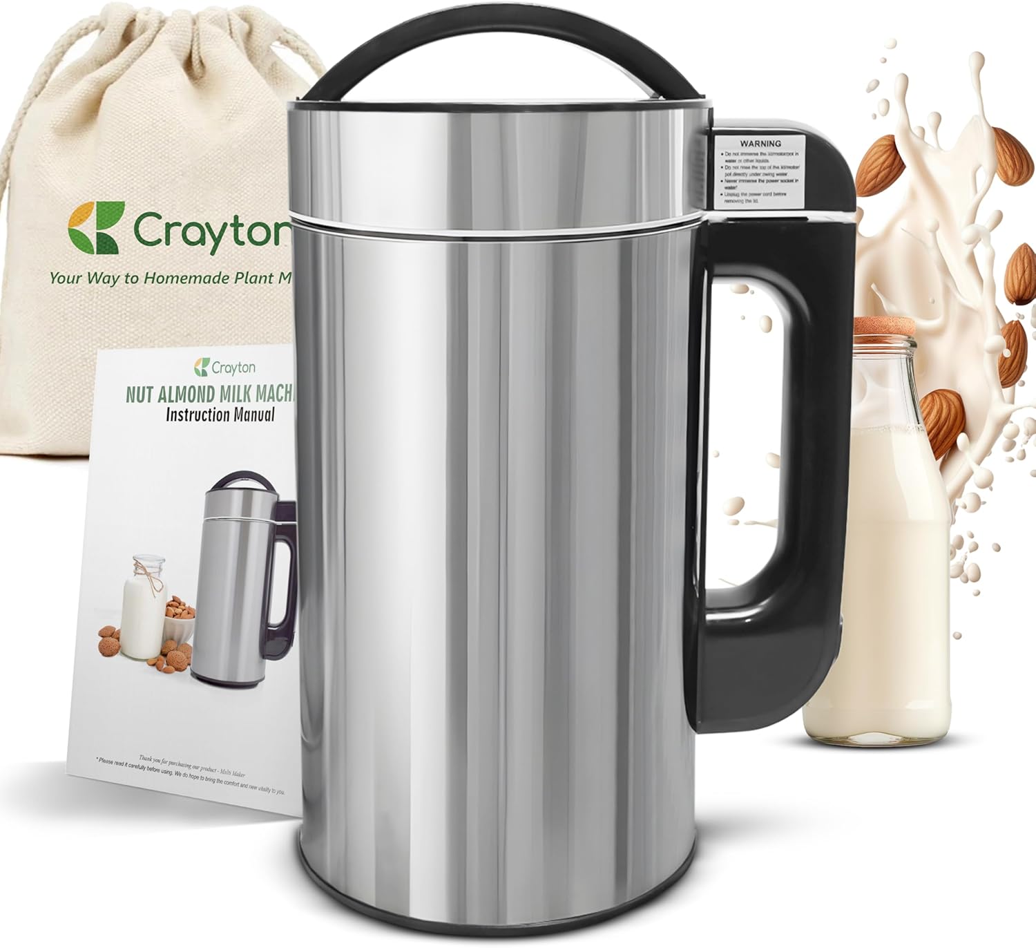 Crayton Nut Milk Maker Machine with Built-in Strainer, 51oz/ 1.5L Stainless Steel Almond Milk Maker for Soy, Almond, Oat, Cashew Nut Milks & More, 7-in-1 Multi-Functional, 6-7 Cups Per Batch, 120V