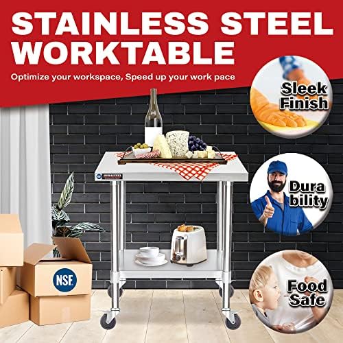 DuraSteel 30x24 NSF Stainless Steel Cart Work Table - Heavy Duty Rolling Food Prep Table - Metal Utility Cart on Wheels Caster, Grill Stand Microwave Outdoor Kitchen Tables Countertop Island Large Top