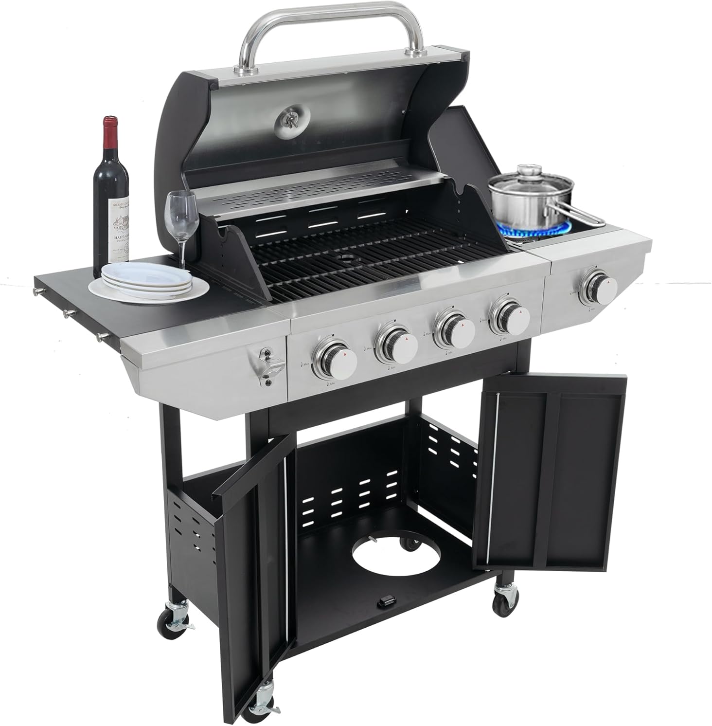 4 Burner Propane Gas Grill with Side Burner, Stainless Steel BBQ Grill 46,500 BTU for Outdoor Cooking Kitchen, Garden and Patio Backyard Barbecue Grill Propane Grill