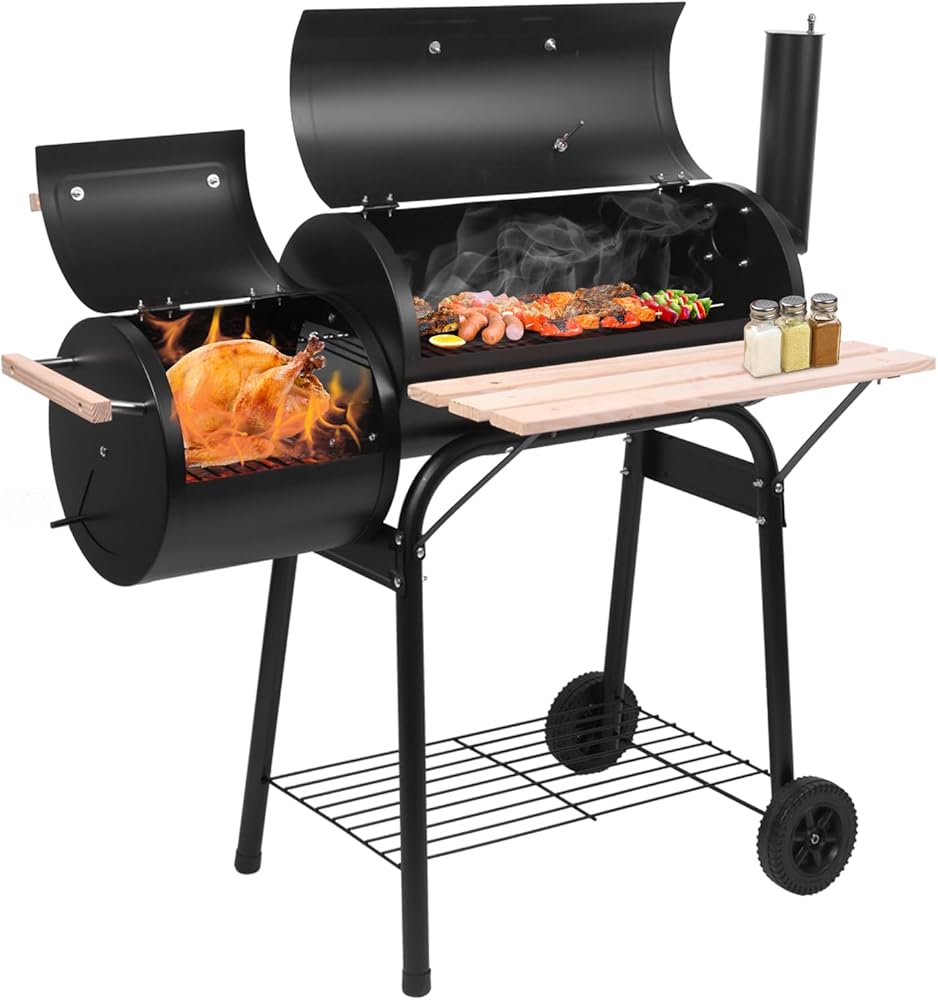 Large Charcoal Grills Outdoor Smokers Charcoal Barbecue Grills Dual Charcoal Grill with Side Smoker, Fast Heating, Built-in Temperature Gauge, Ideal for Backyard Gatherings and Family Bbqs