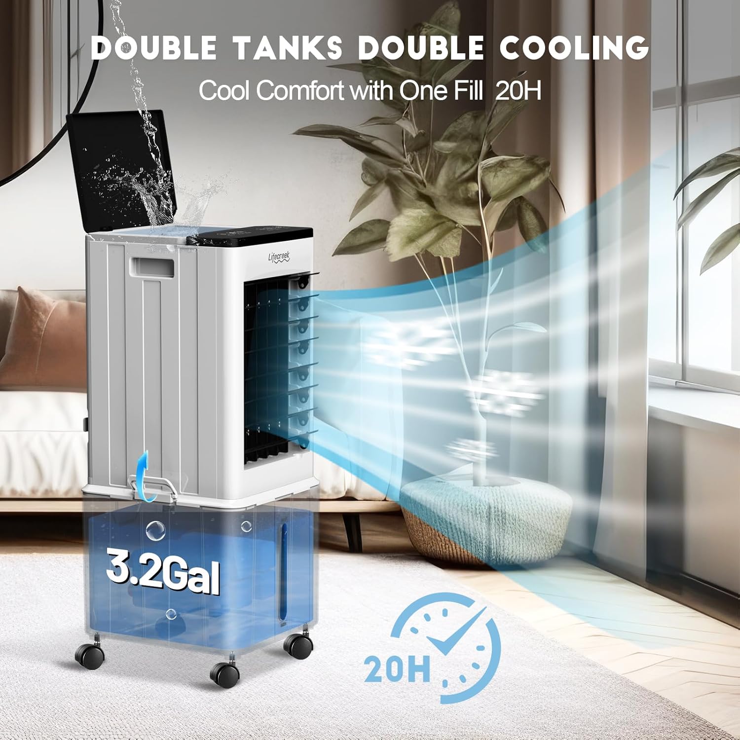 Portable Air Conditioner, 3-IN-1 Evaporative Air Cooler w/3.18Gal Tank, 4 Modes & 3 Speeds, 12H Timer, 6 Ice Packs, Remote Control, Windowless Swamp Cooler for Bedroom,Home,No Hose Needed