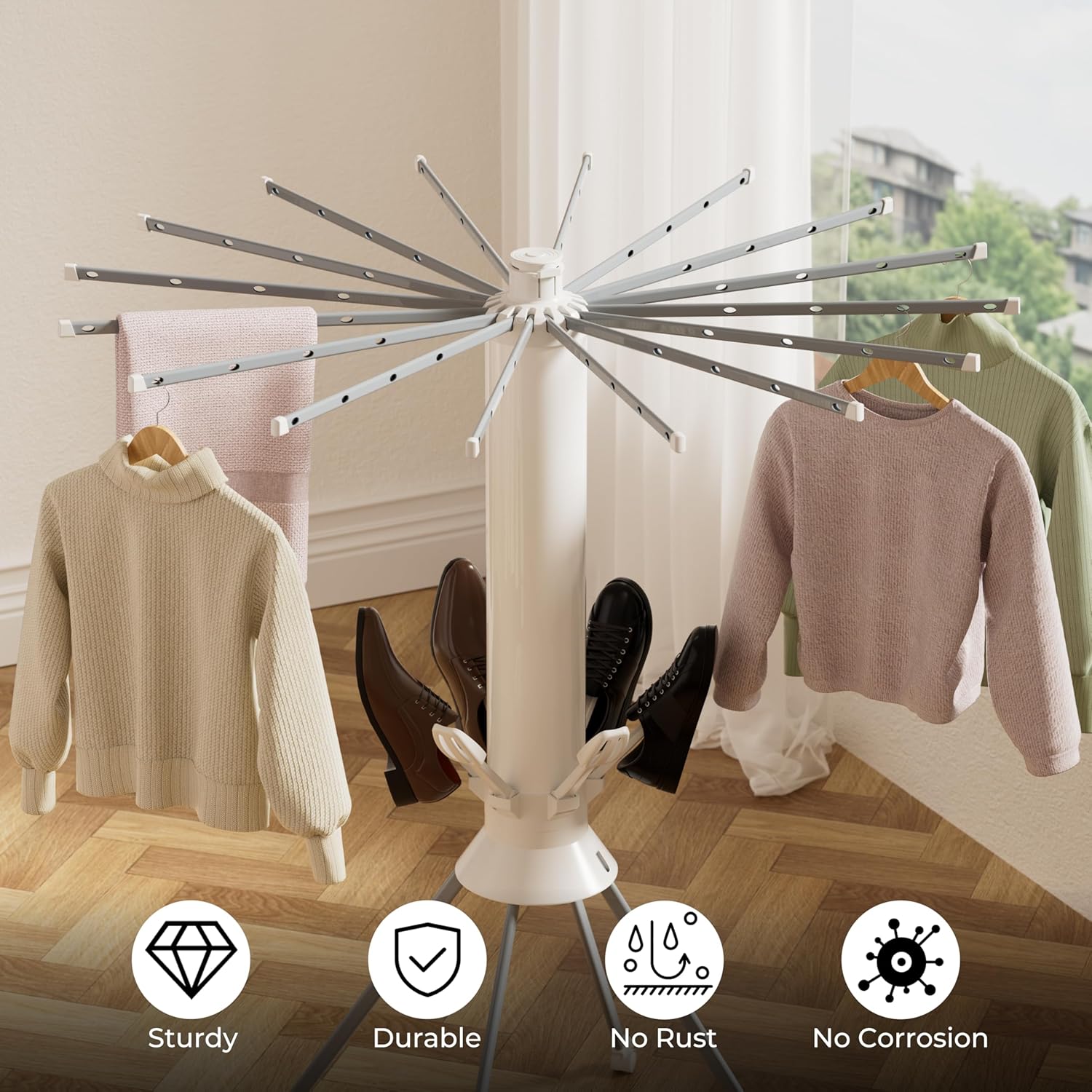 Clothes Drying Rack 4-Legged, Foldable Laundry Drying Racks with Anti-Slip Holes and 4 Pulleys, Shoe Dryer Rack, Outdoor Portable Drying Rack Clothing, Indoor Dry Rack for Clothes, Shoes, Towel