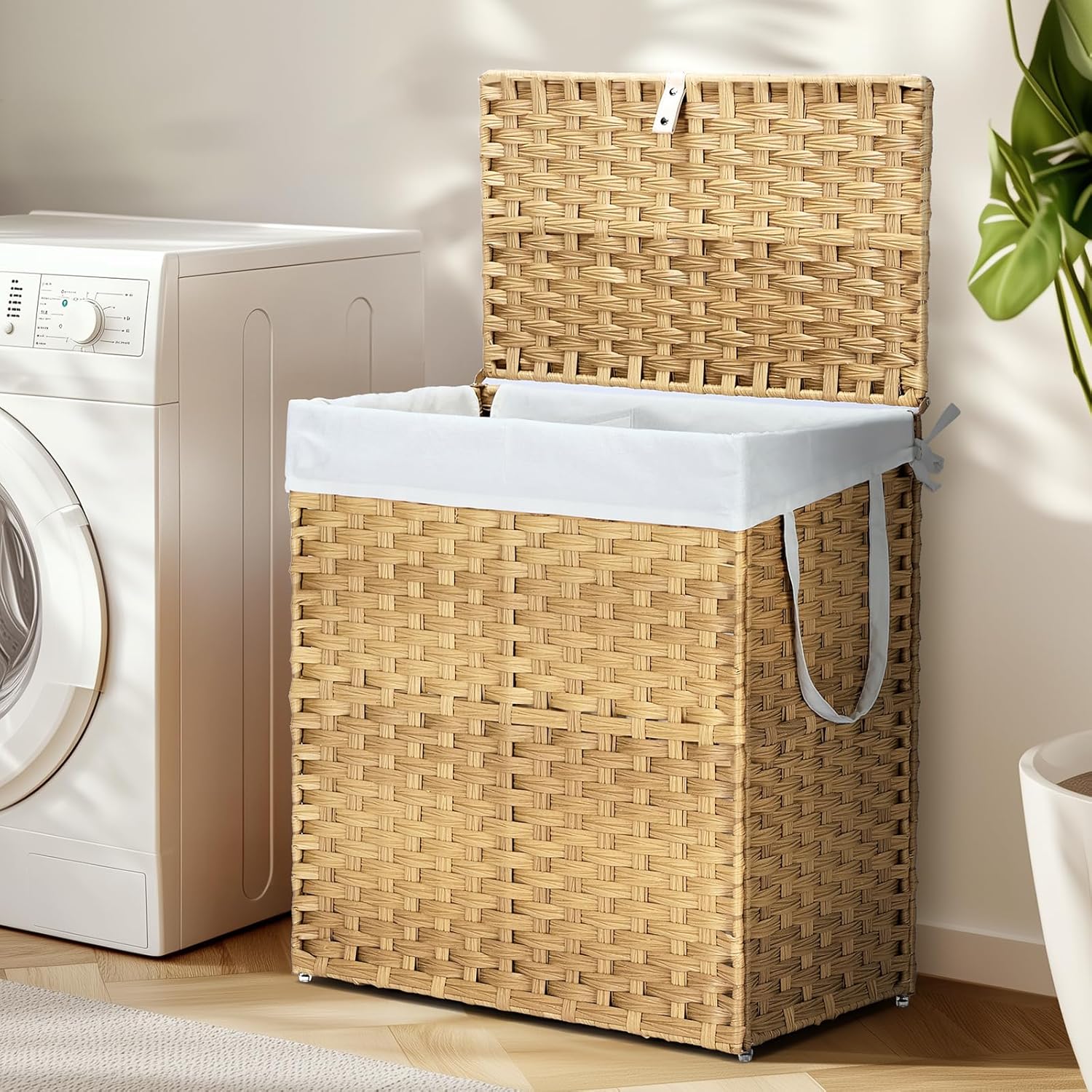 Sweetcrispy Foldable Laundry Hamper–Large Capacity Clothes Basket with Lid, 29.1 Gallon (110L) Bin for Bedroom, Bathroom, and Wash Room–Double Insert Storage Organizer, Goose Yellow