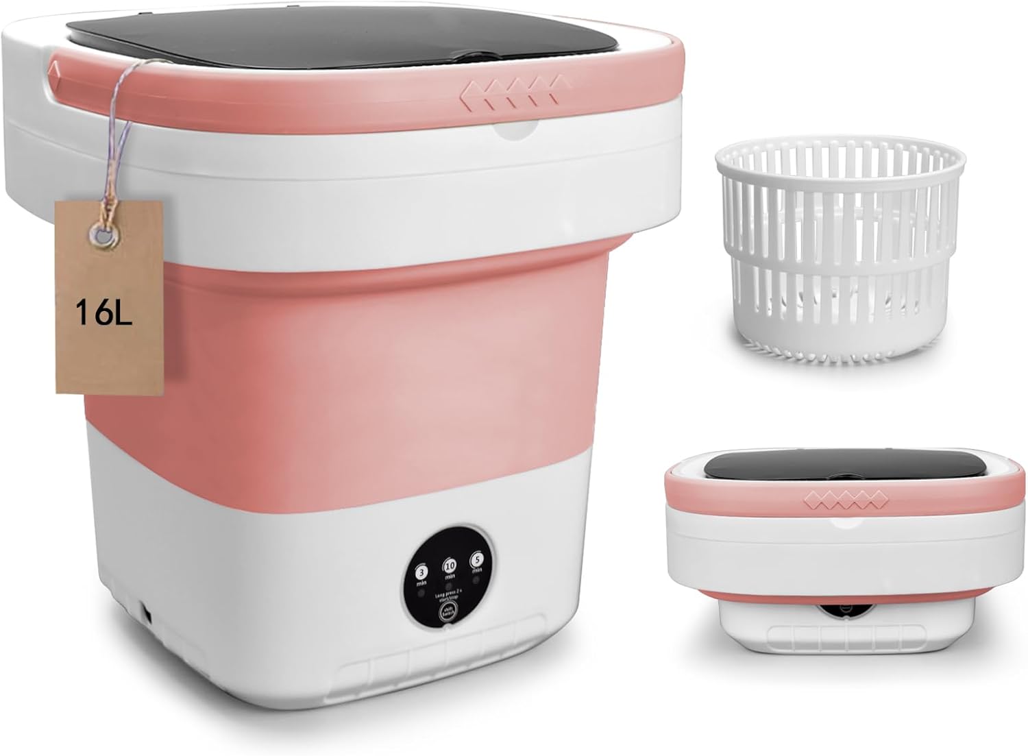 Portable Washing Machine, Mini 16L Foldable Washer and Dryer with 3 Modes Deep Cleaning, Upgraded Small Collapsible Laundry for Hotel, Apartment, Home and Travel - Pink