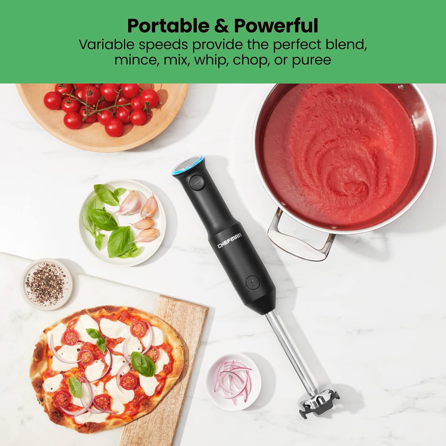 Chefman Cordless Portable Immersion Blender with One-Touch Speed Control - Quick Mix for Shakes, Smoothies, Soups, Dips, Sauces - Black - Stainless Steel Blades - BPA-Free - Dishwasher Safe